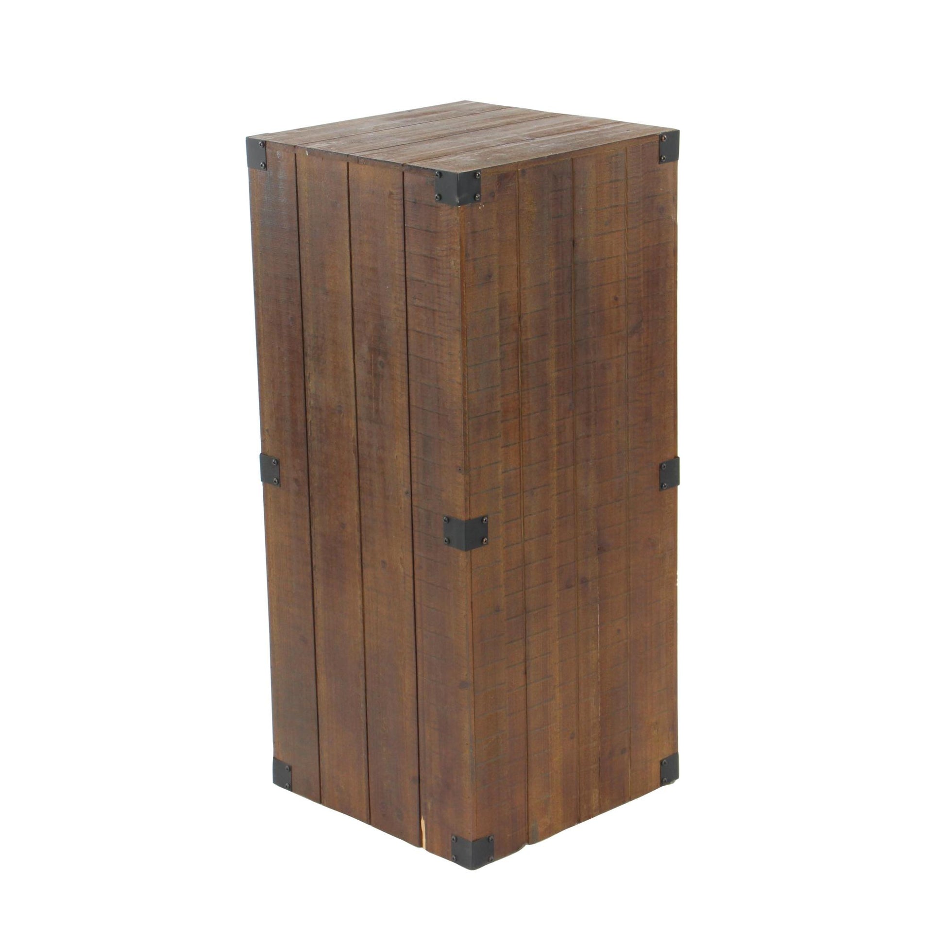 Set of 5 Brown Wood Pillar Style Side End Pedestal Table with Metal Corner Brackets