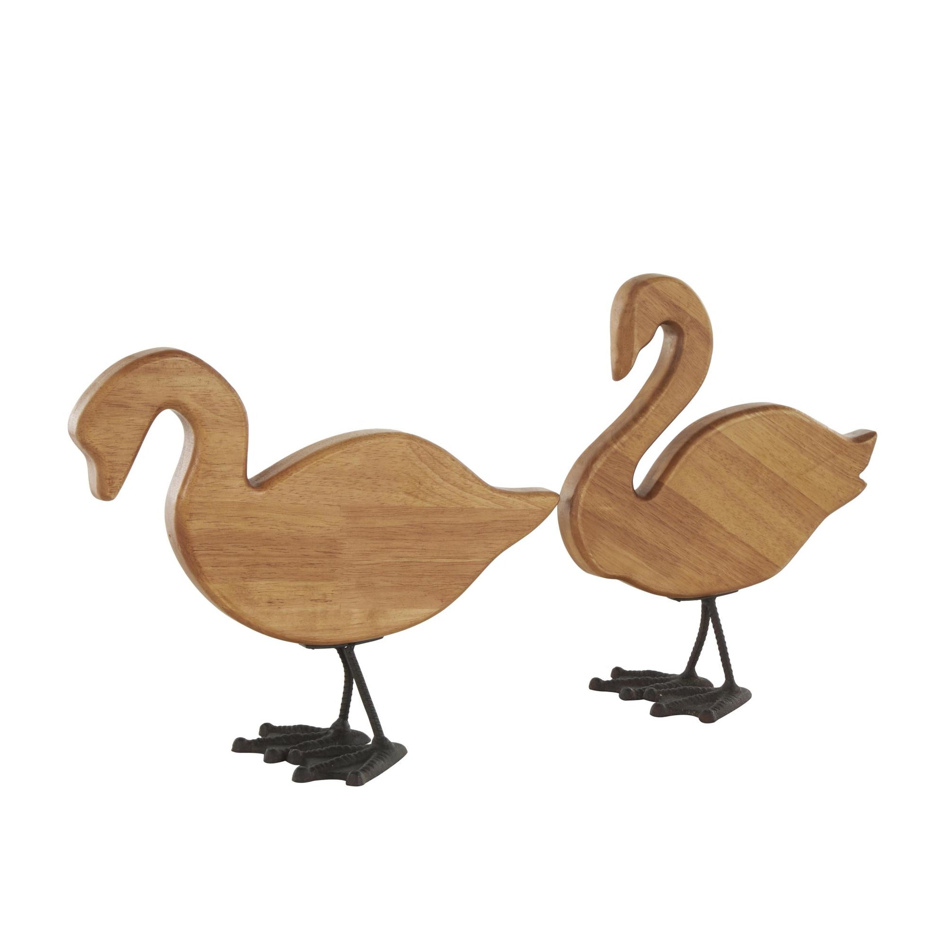 Set of 2 Duck Brown Wood Abstract Decorative Garden Sculpture with Black Metal Feet