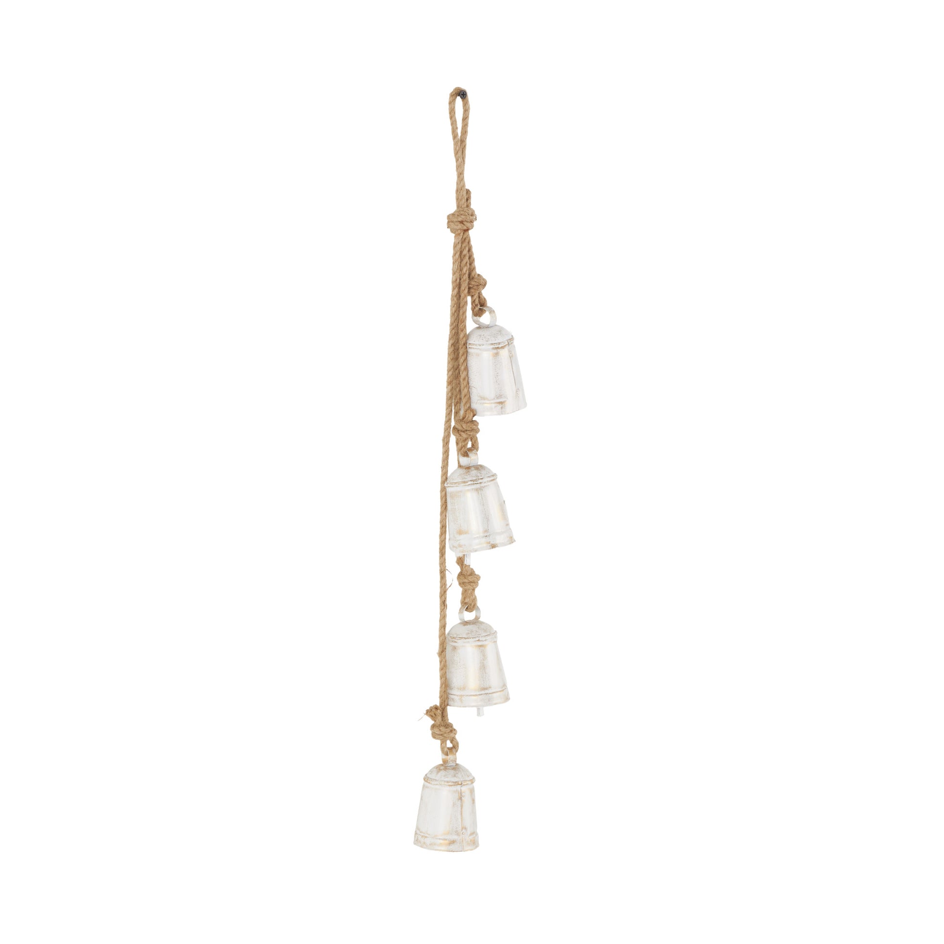 Metal Handmade Tibetan Inspired Indoor Outdoor Decorative Cow Bells with 4 Bells on Jute Hanging Rope
