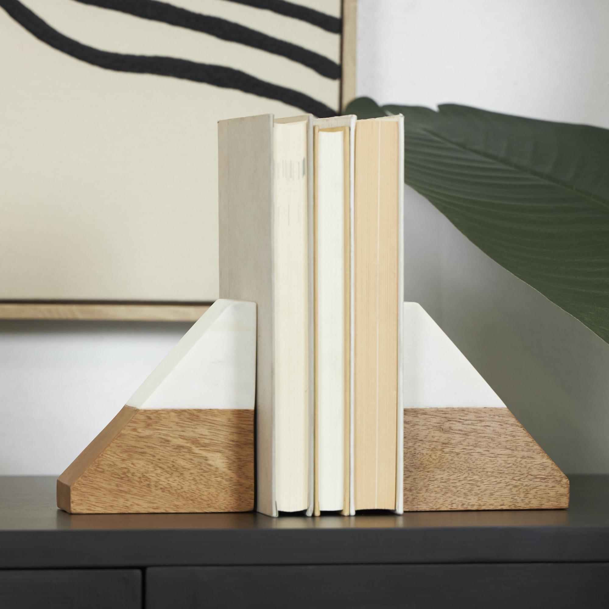 Set of 2 Geometric Brown Mango Wood Triangle 3 lbs Decorative Bookends with White Marble Tops