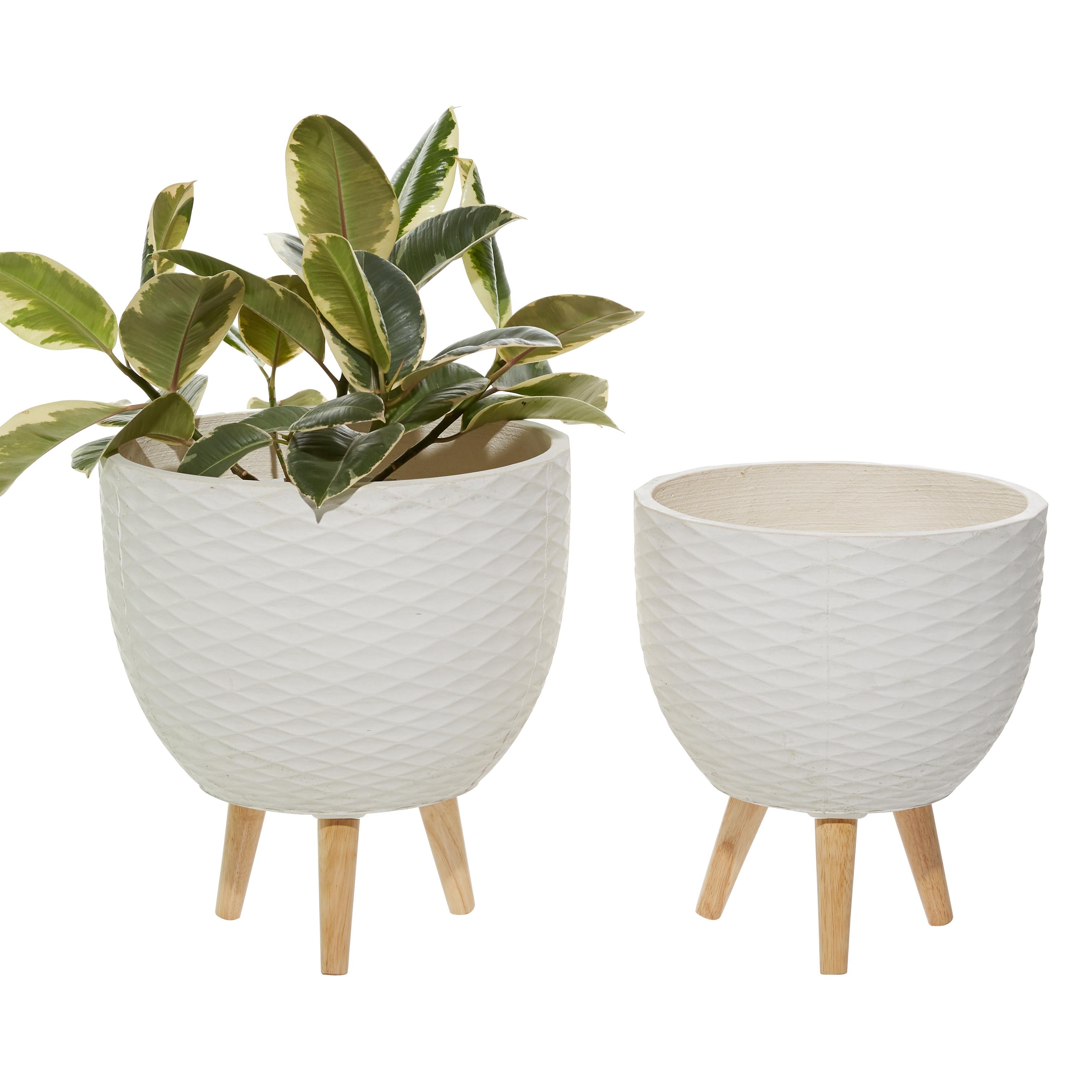 Set of 2 Geometric Ceramic Diamond Patterned Indoor Outdoor Planter with Wood Tripod Legs