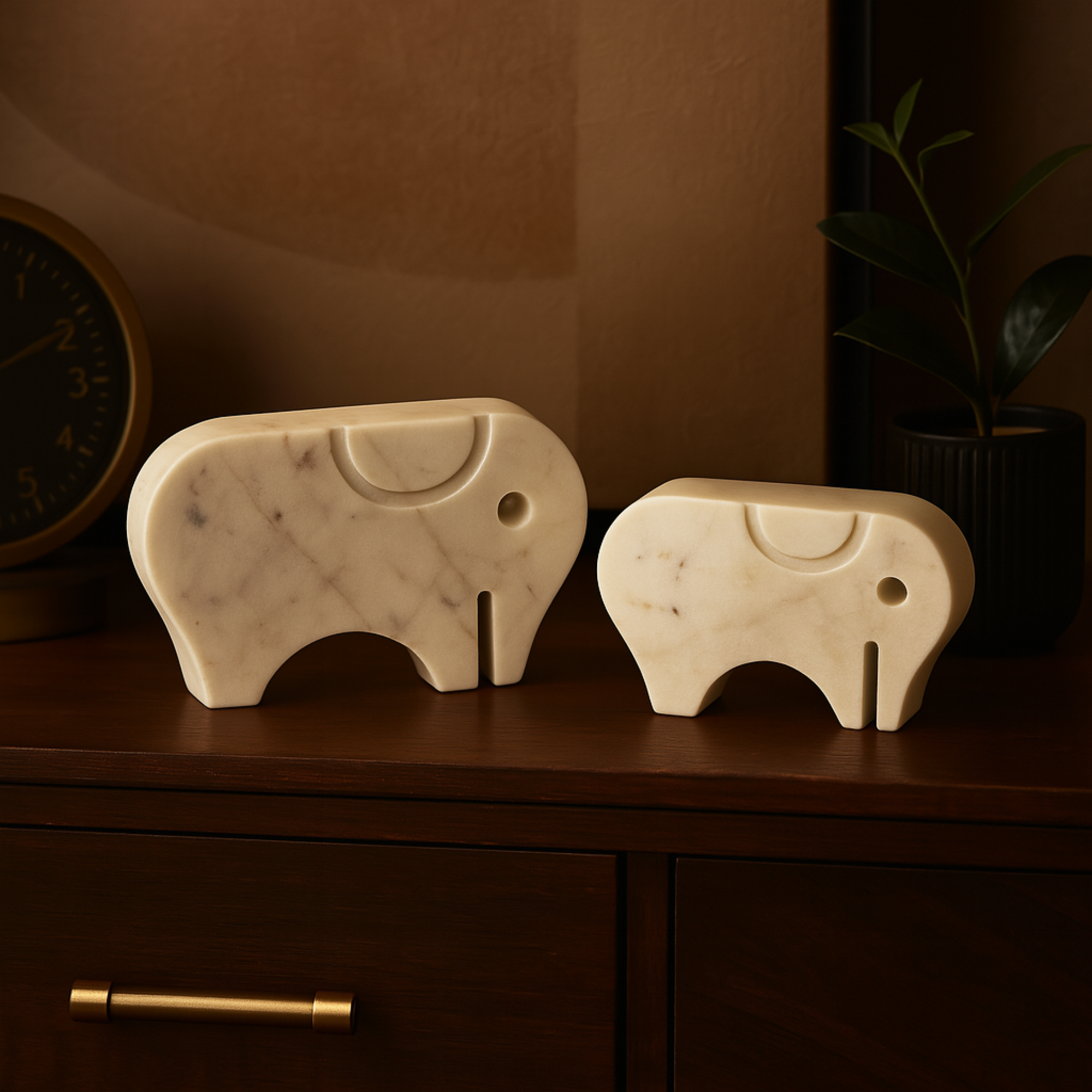 Set of 2 Elephant White Marble Rounded Abstract Decorative Sculpture with Gray Marble Veins and Cutouts