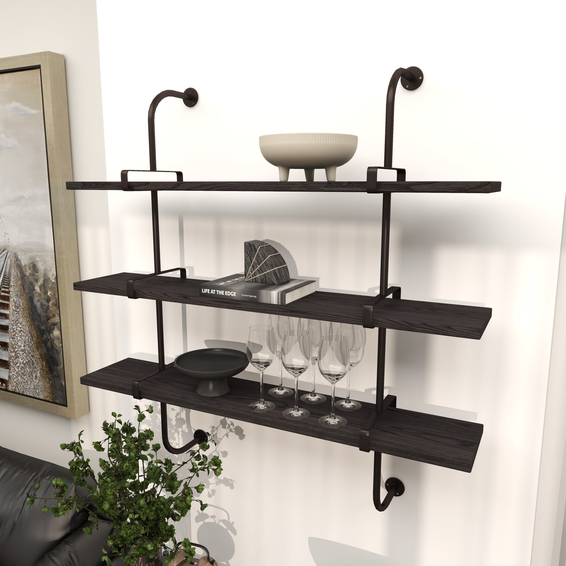 Wood 3 Shelf Room Wall Shelf with Black Metal Brackets 38" x 10" x 39"