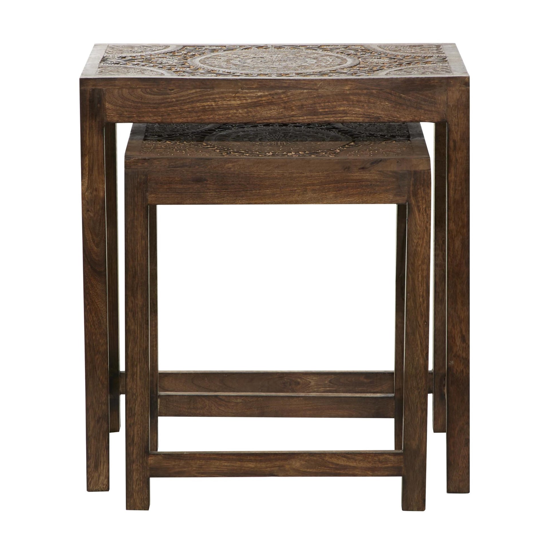 Set of 2 Floral Mango Wood Handmade Intricately Carved Side End Accent Table with Carved Tabletops