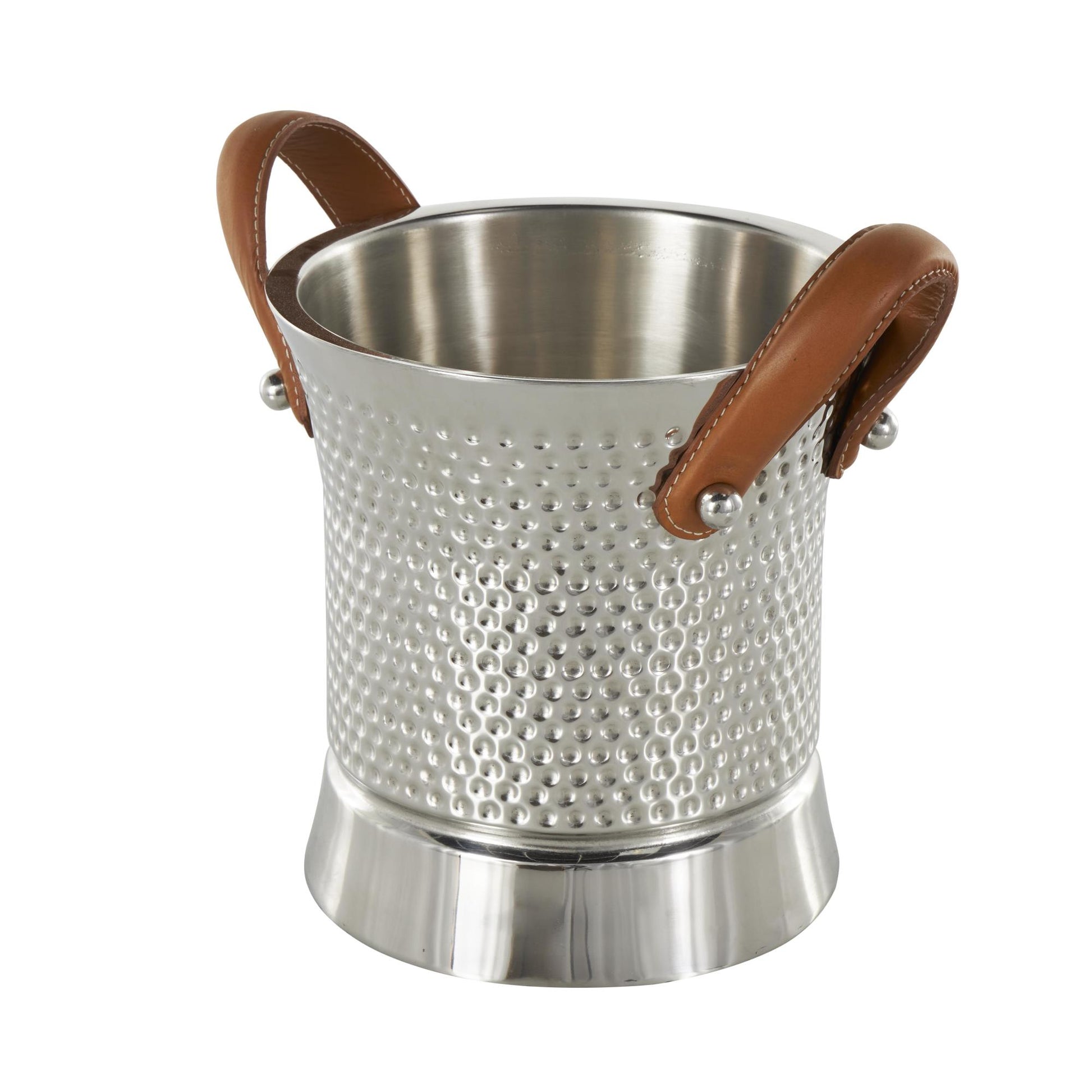 Silver Stainless Steel Metal Hammered Decorative Ice Bucket with Brown Leather Handles