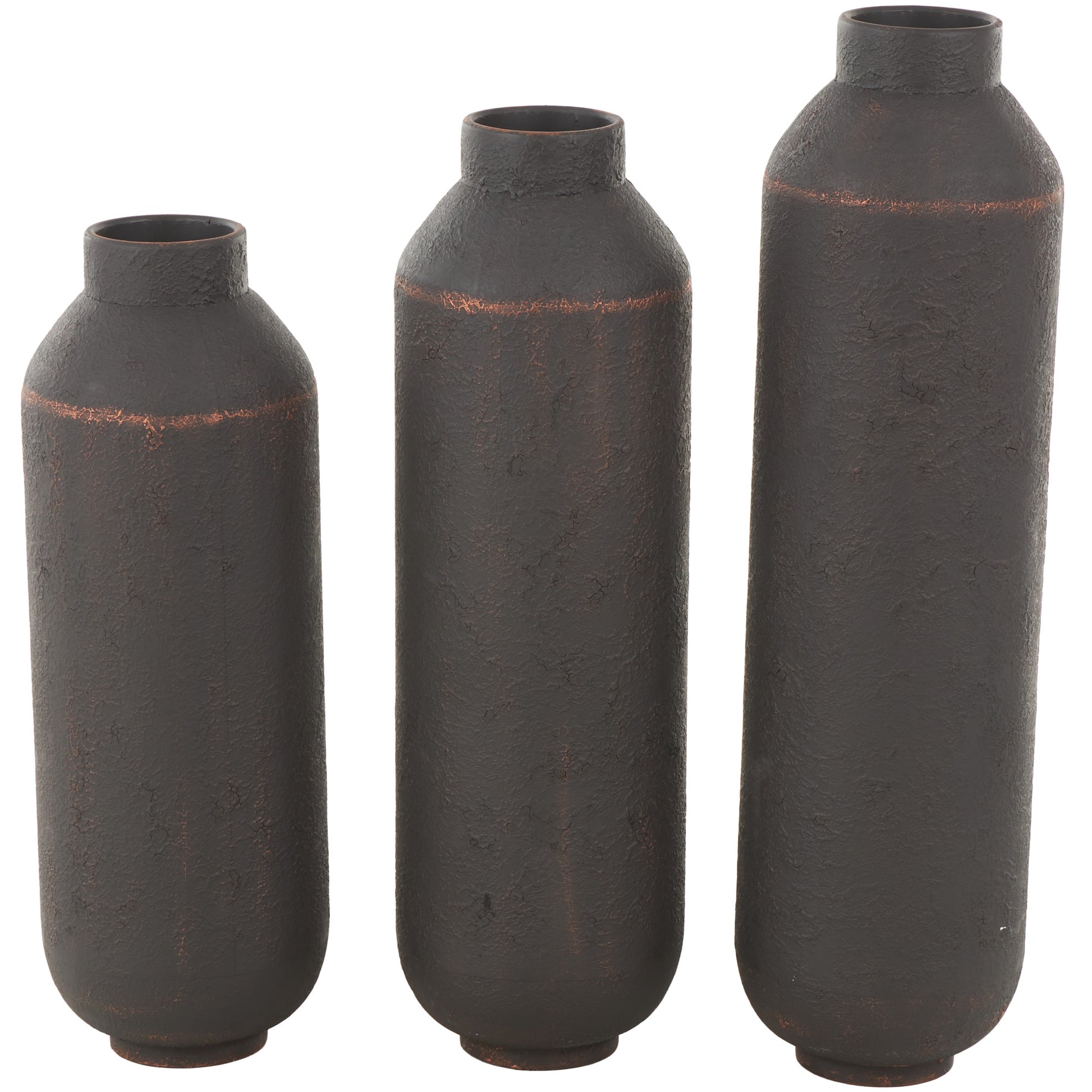 Set of 3 Dark Brown Metal Floor Decorative Vase with Copper Accents