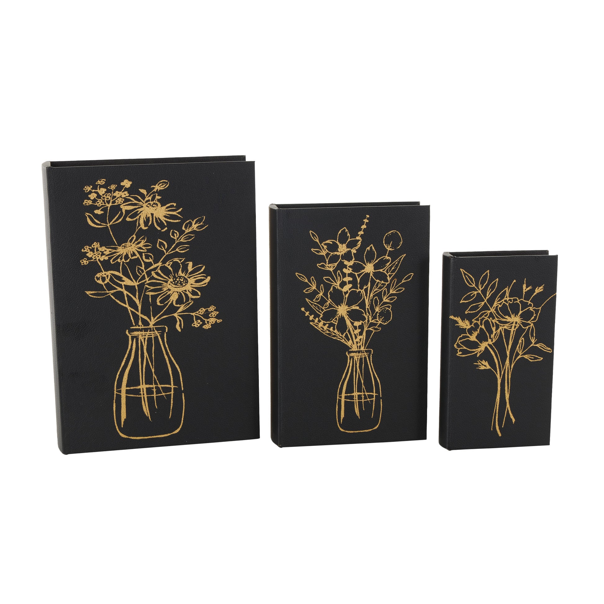 Set of 3 Floral Black Faux Leather Outline Faux Book Storage Decorative Box with Metallic Gold Accents