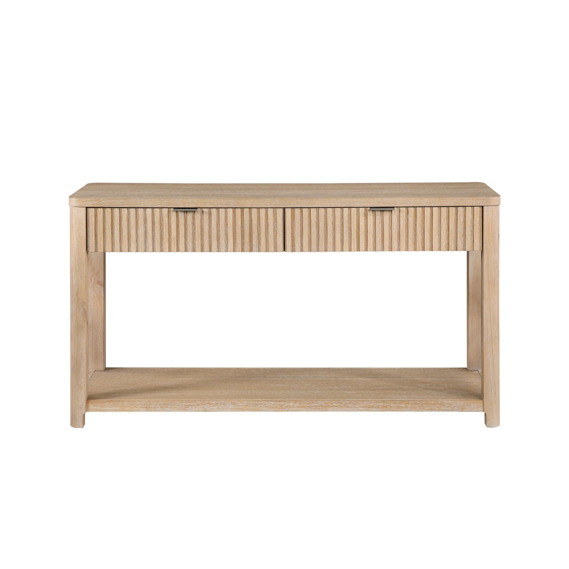 Light Brown Wooden Slatted 2 Drawer Living Room Console Table with Natural Wood Grains and Silver Handles
