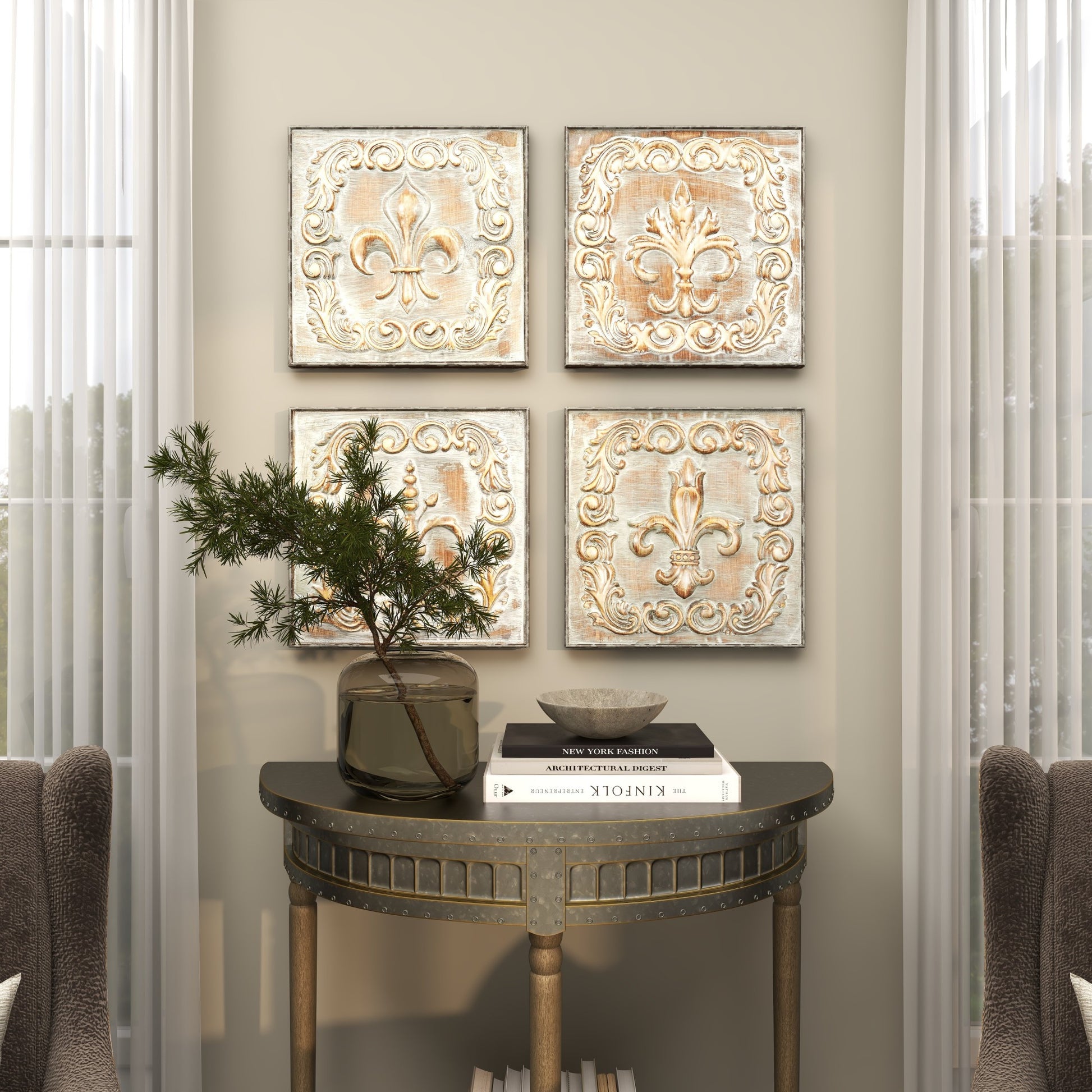 Set of 4 Fleur De Lis Green Metal Embossed Home Wall Decor with Scroll Details