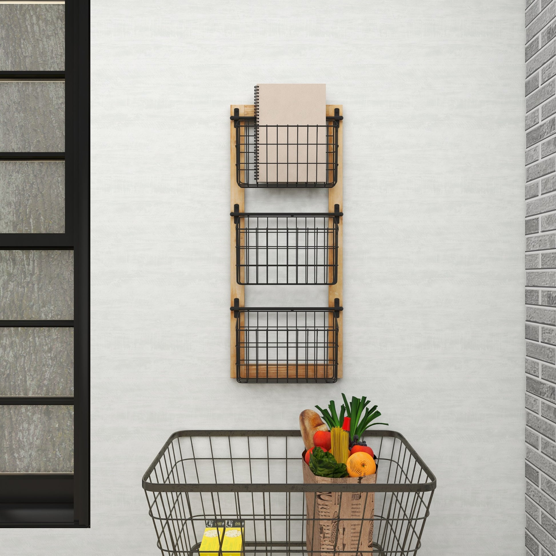 Black Metal 3 Slot Decorative Magazine Rack Holder with Suspended Baskets