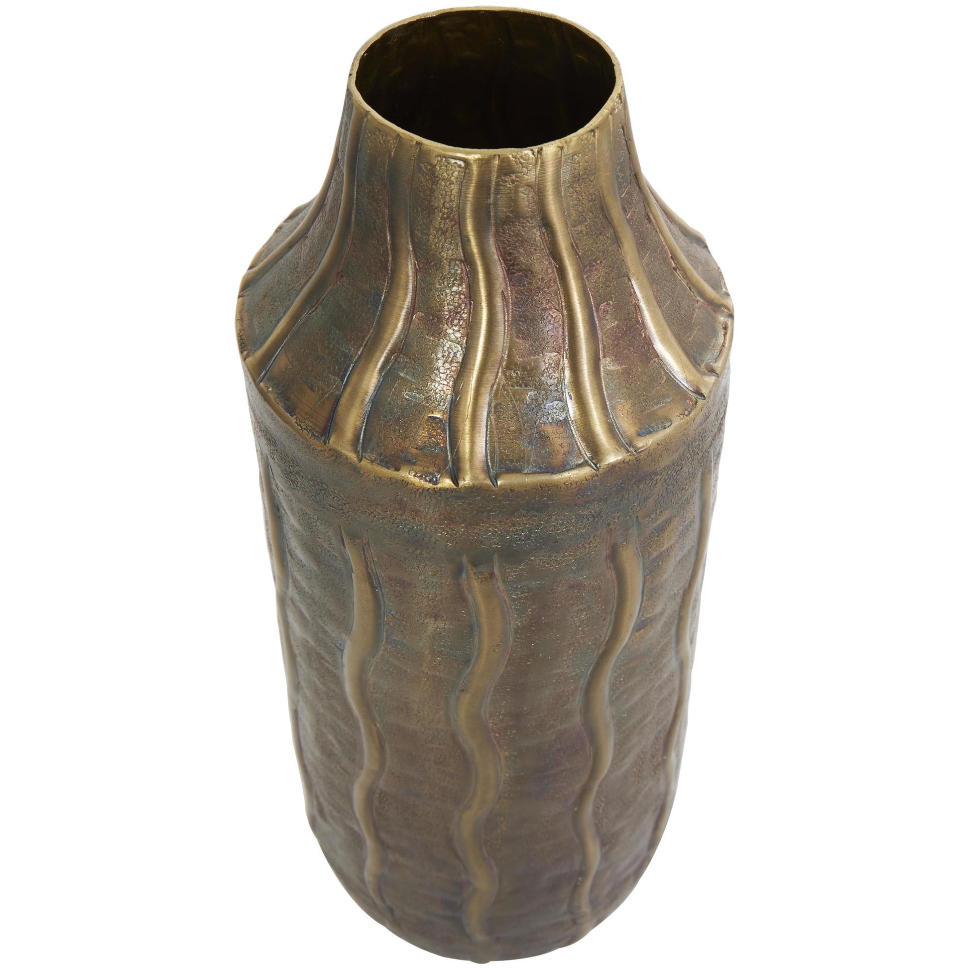 Brass Metal Snakeskin Inspired Decorative Vase with Dimensional Wavy Accents