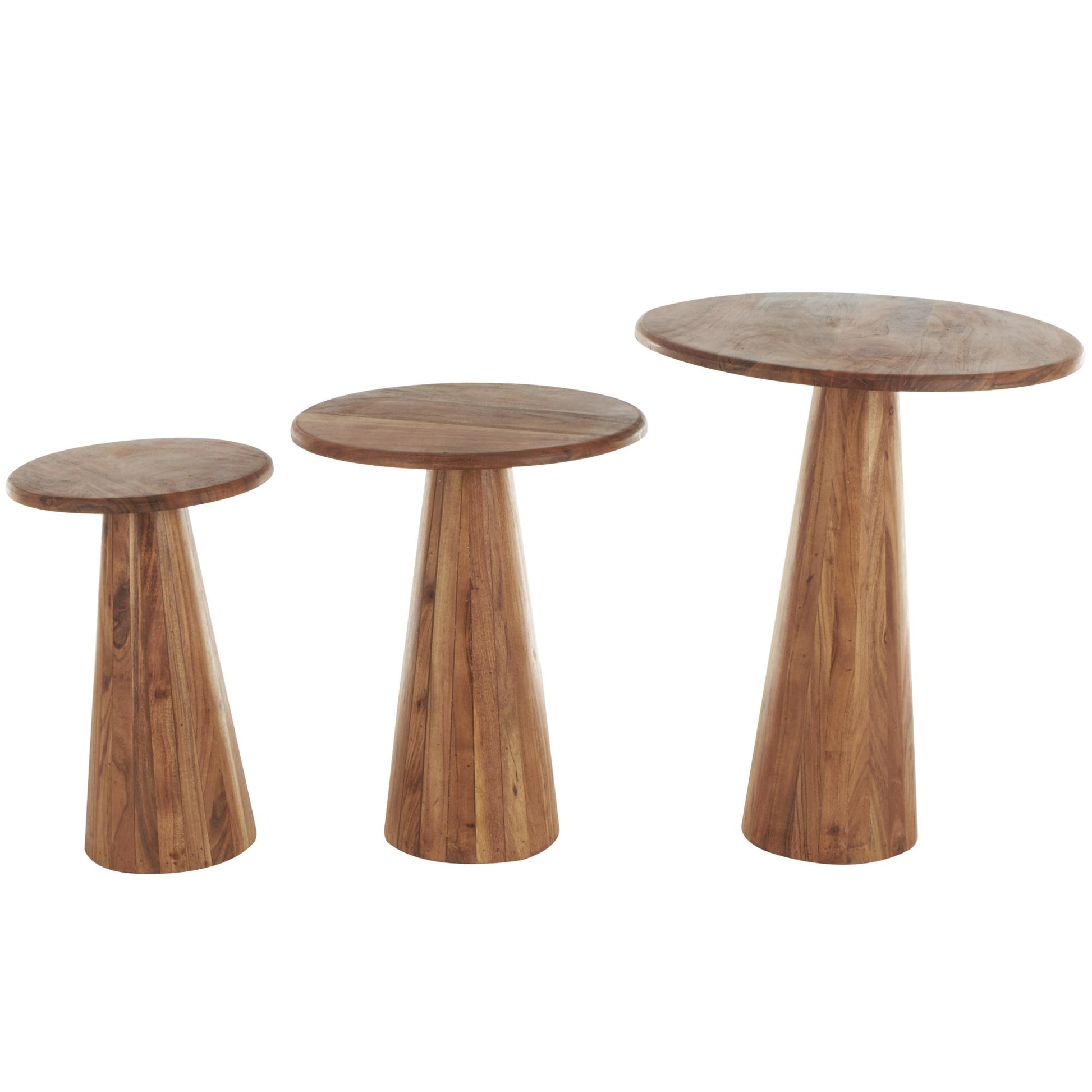 Set of 3 Wood Side End Accent Table with Natural Wood Grains and Cone Shaped Bases