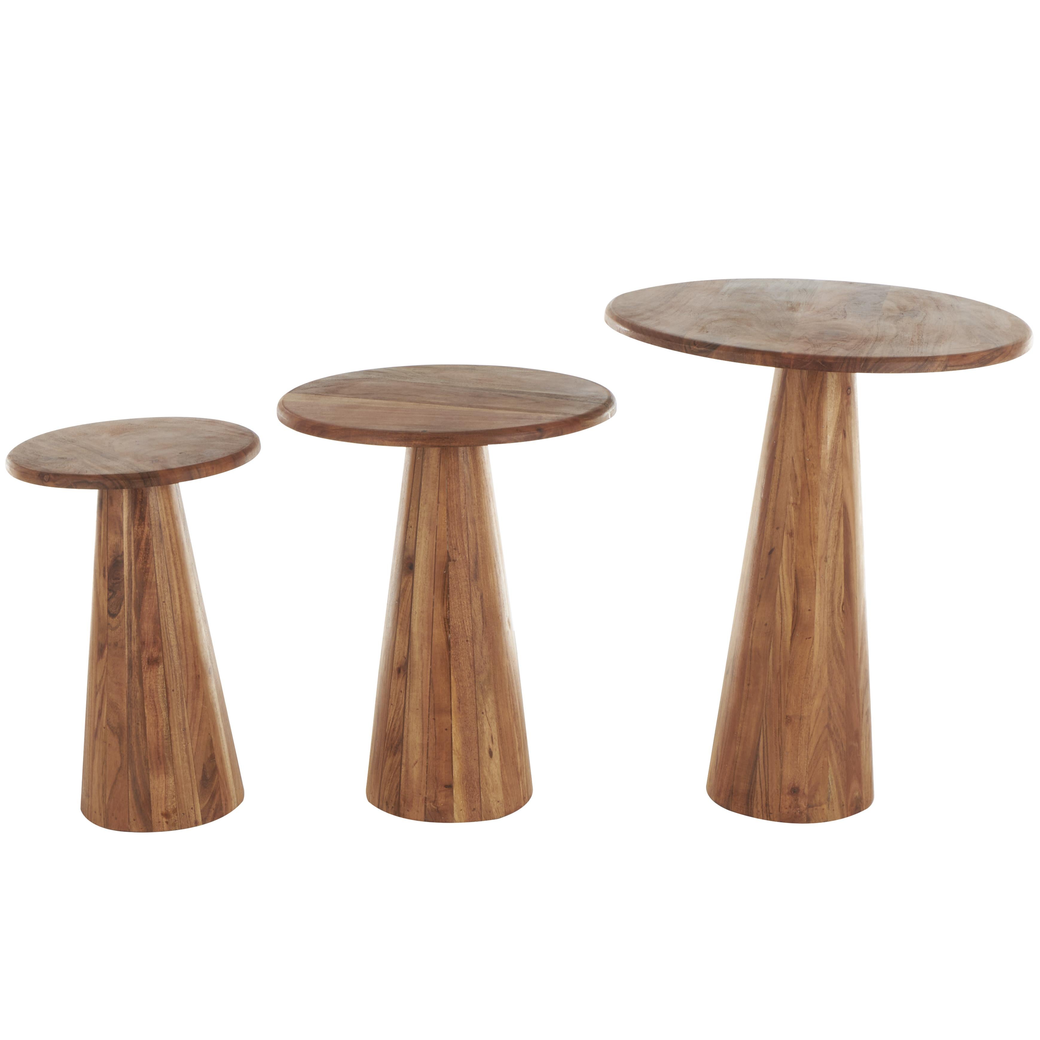 Set of 3 Wood Side End Accent Table with Natural Wood Grains and Cone Shaped Bases