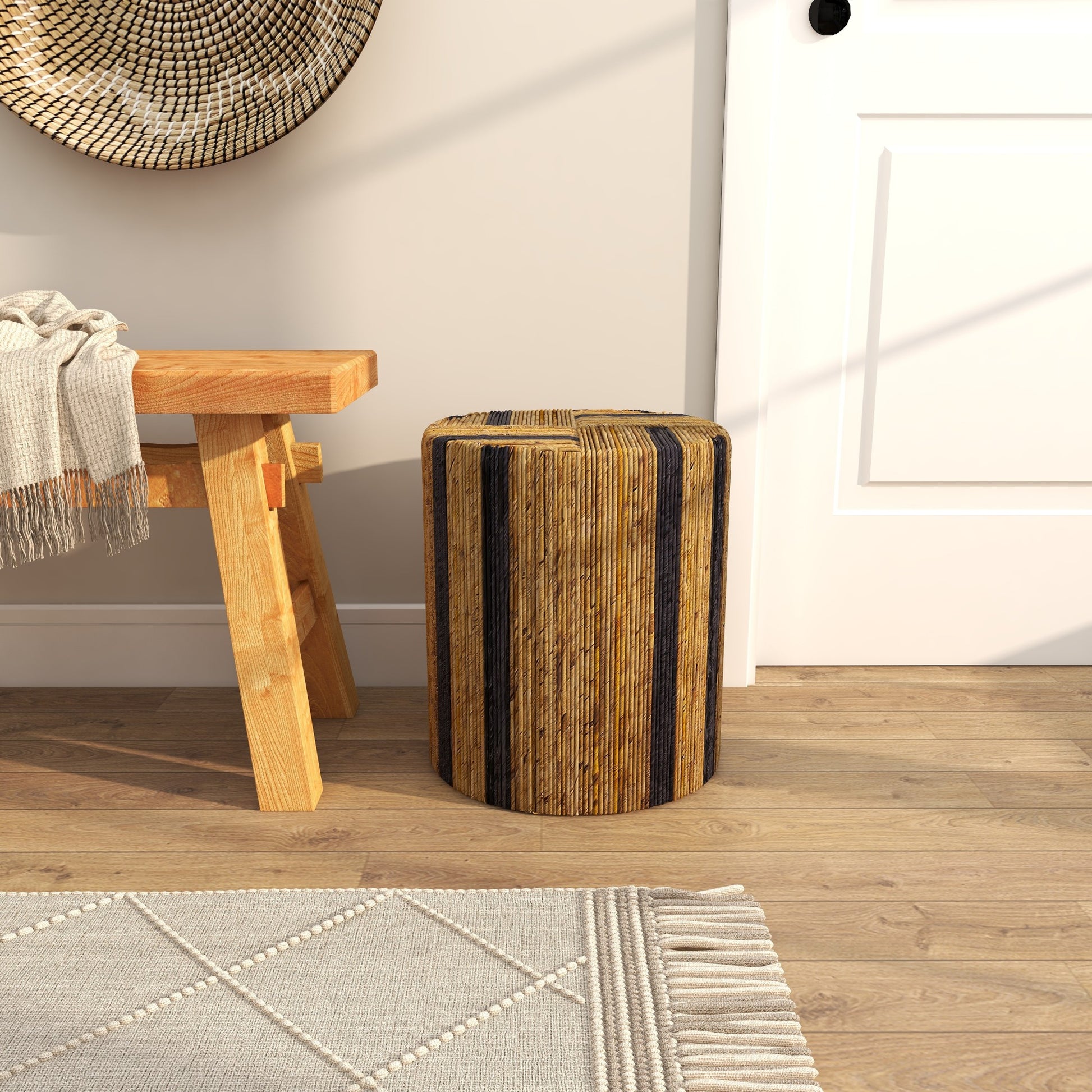 Brown Banana Leaf Handmade Linear Wrapped Side End Accent Table