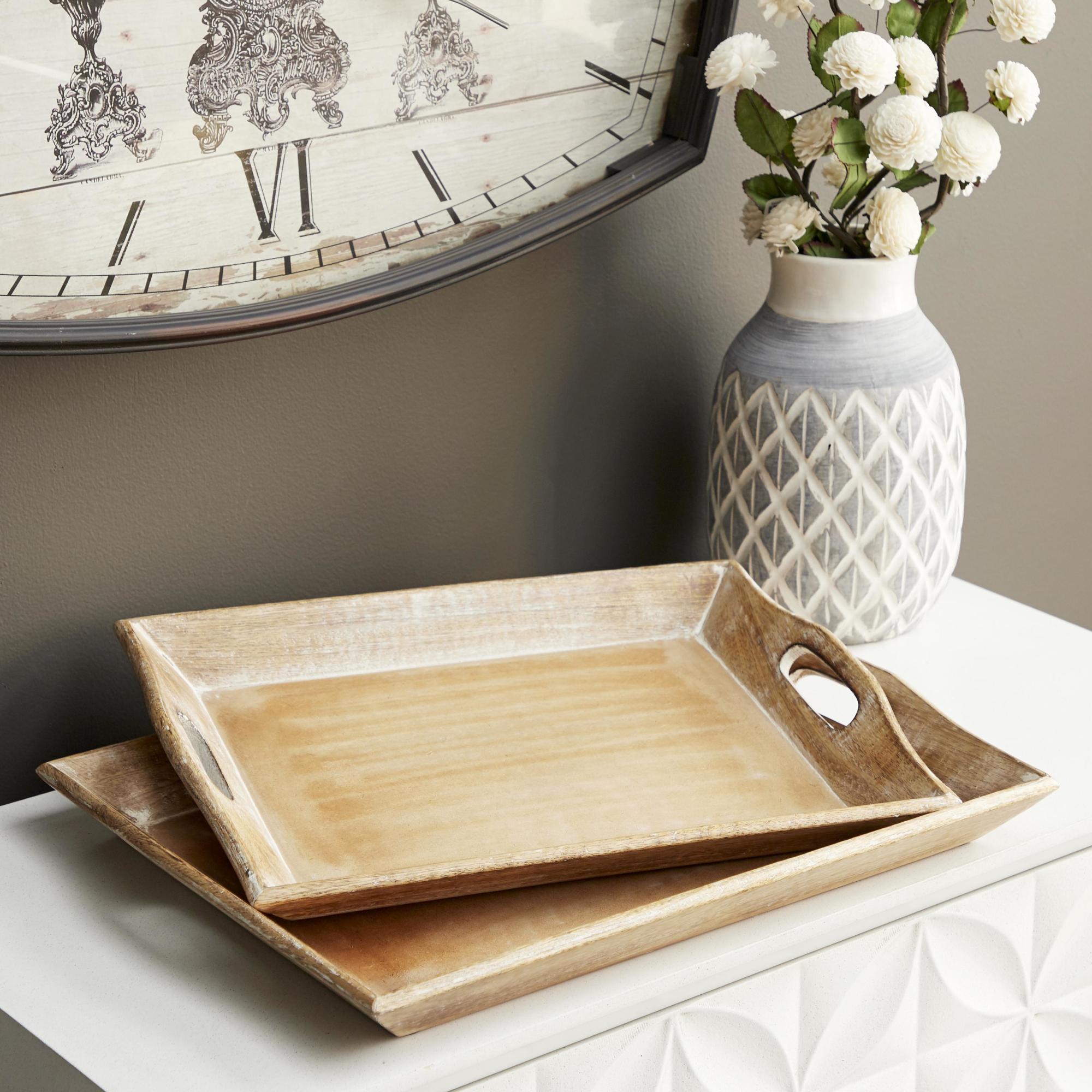Set of 2 Brown Wooden Living Room Decor Tray