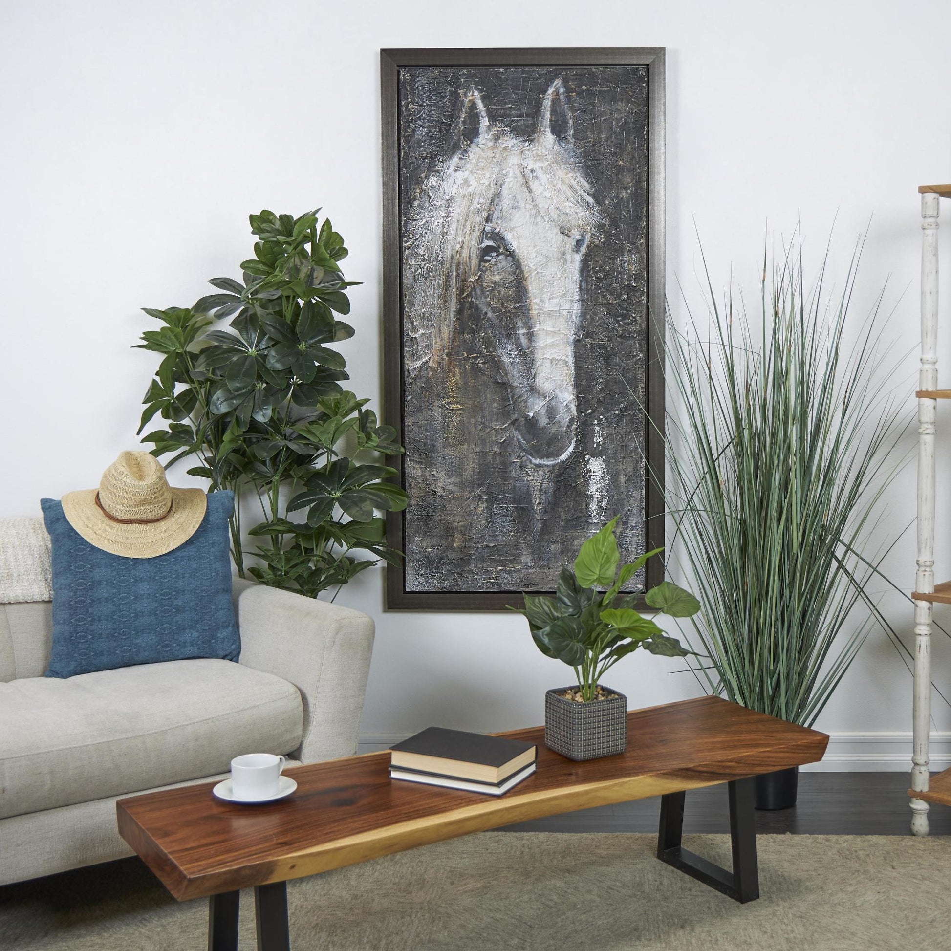 Horse Black Canvas Living Room Framed Wall Art with Textured Distressing
