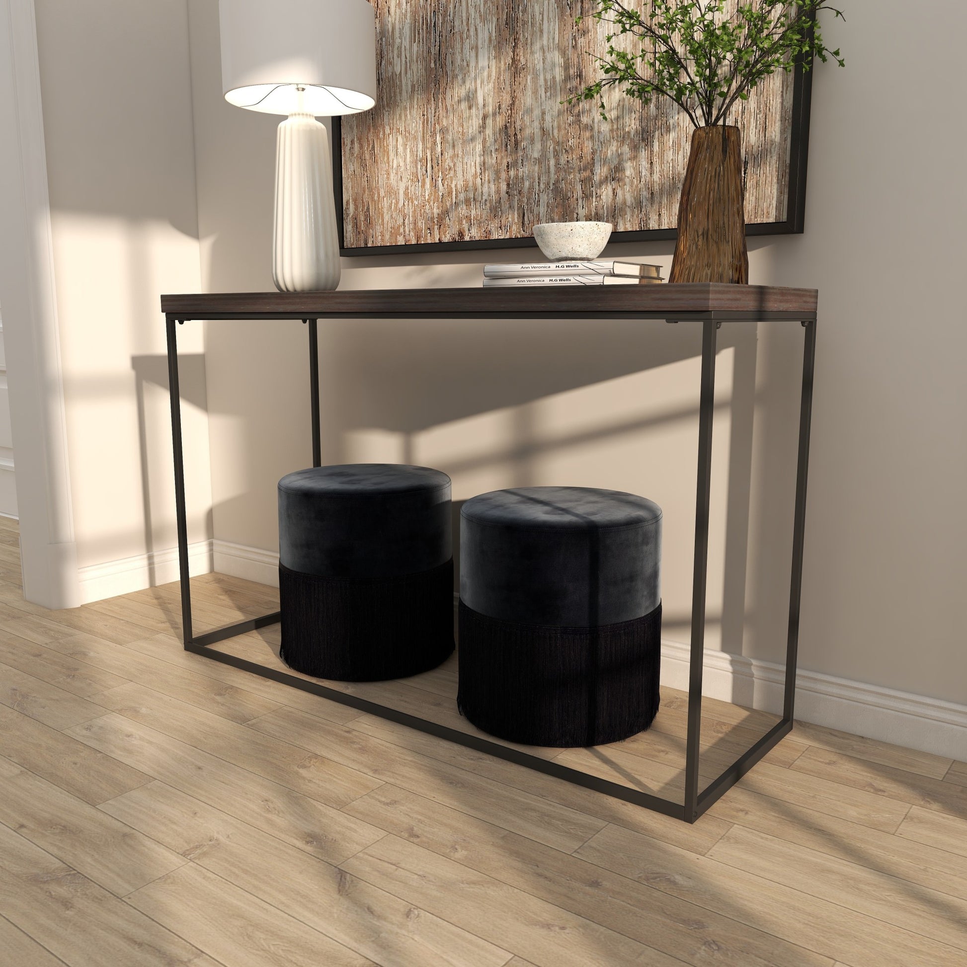 Dark Brown Wood Living Room Console Table with Black Metal Legs
