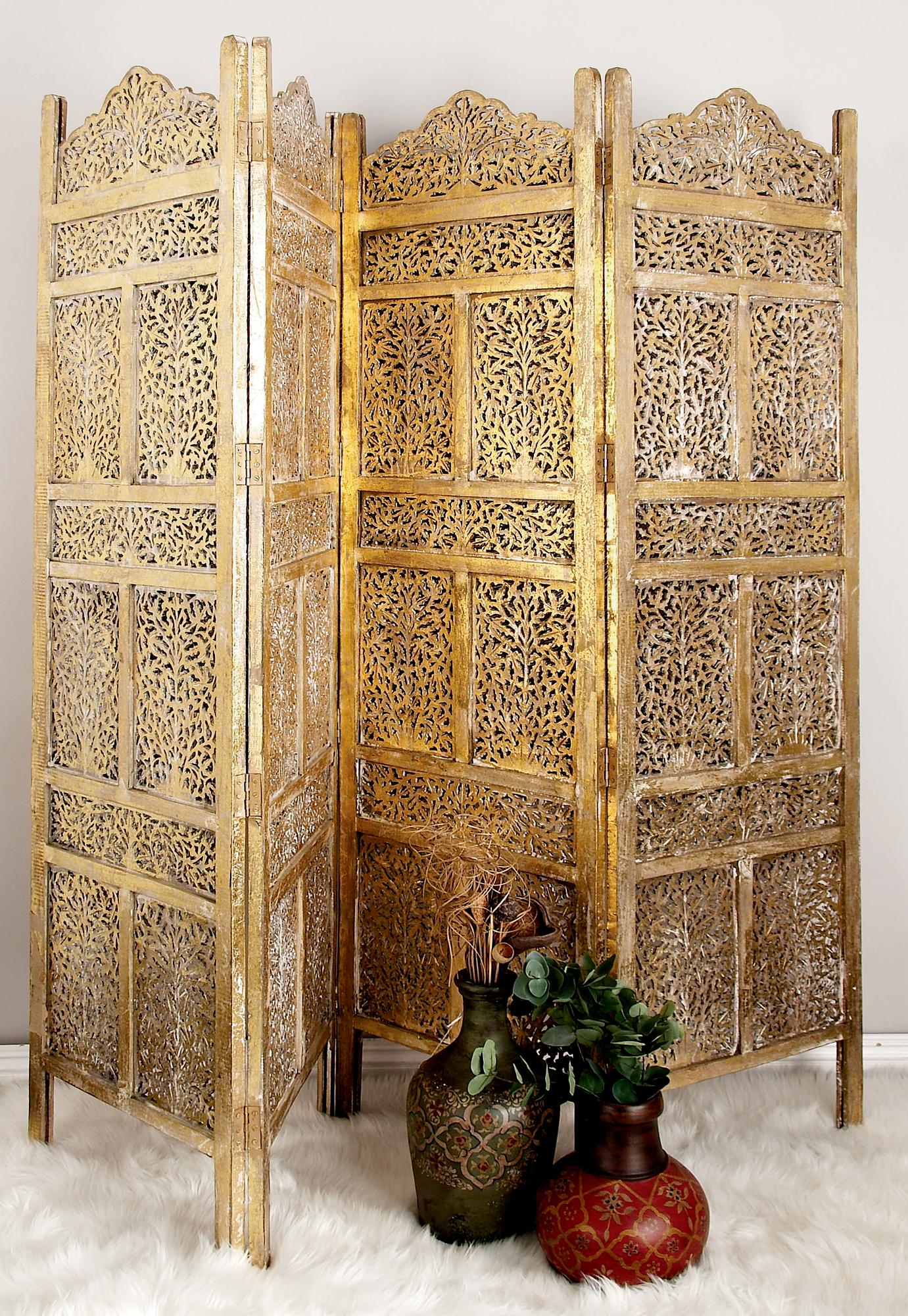 Floral Gold Wooden Handmade Foldable Partition 4 Panel Partition Room Divider Screen with Carved Designs