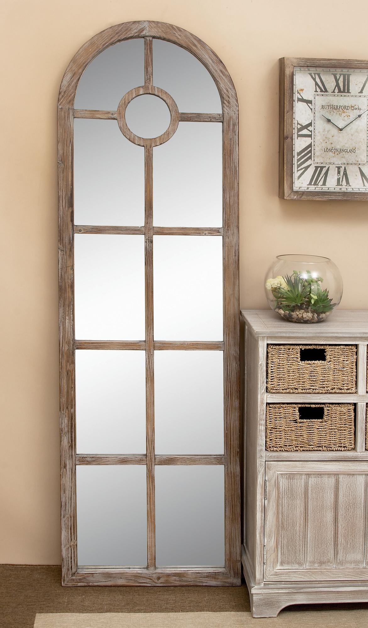 Brown Wood Arched Window Pane Room Wall Mirror