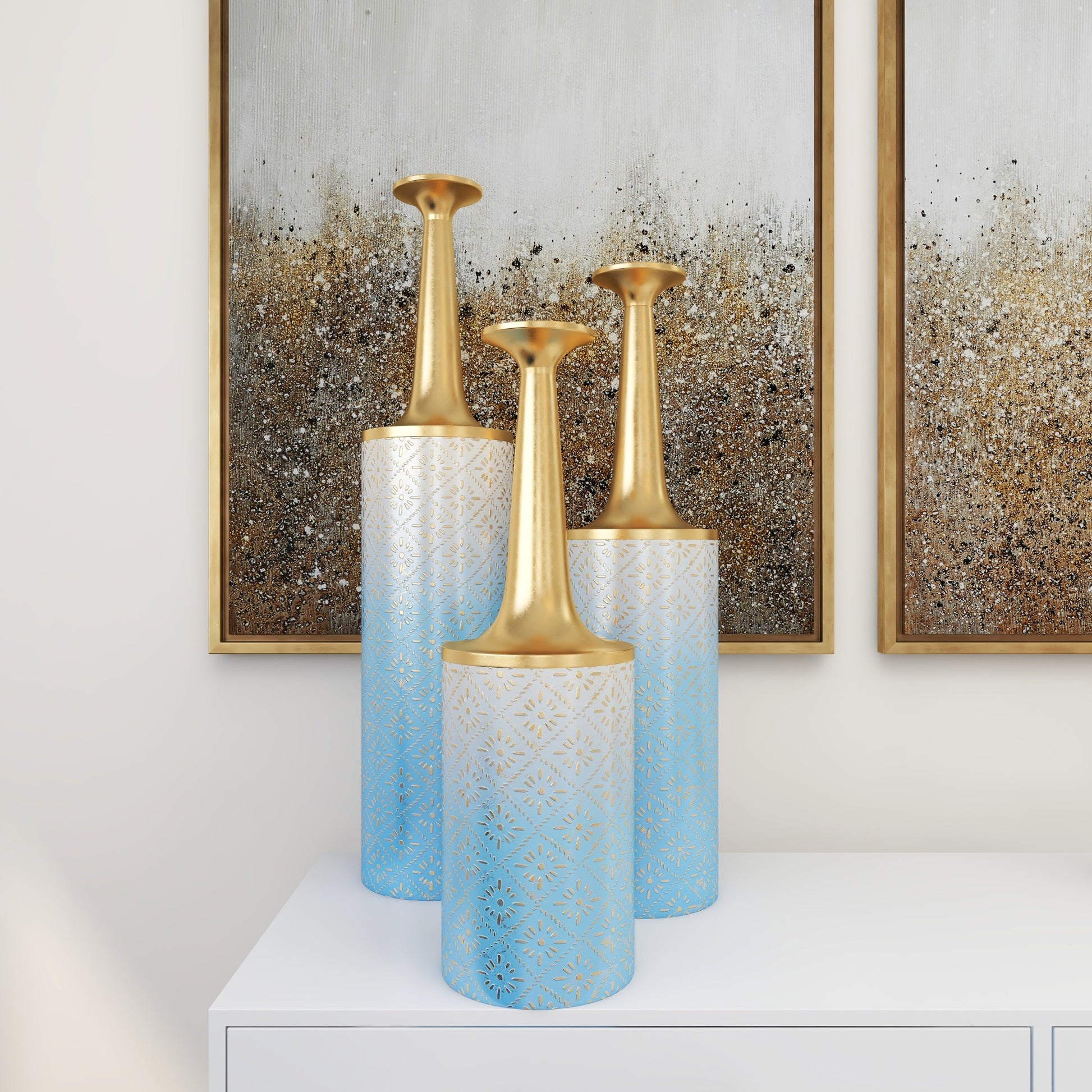 Set of 3 Floral Blue Metal Decorative Vase with Gold Top