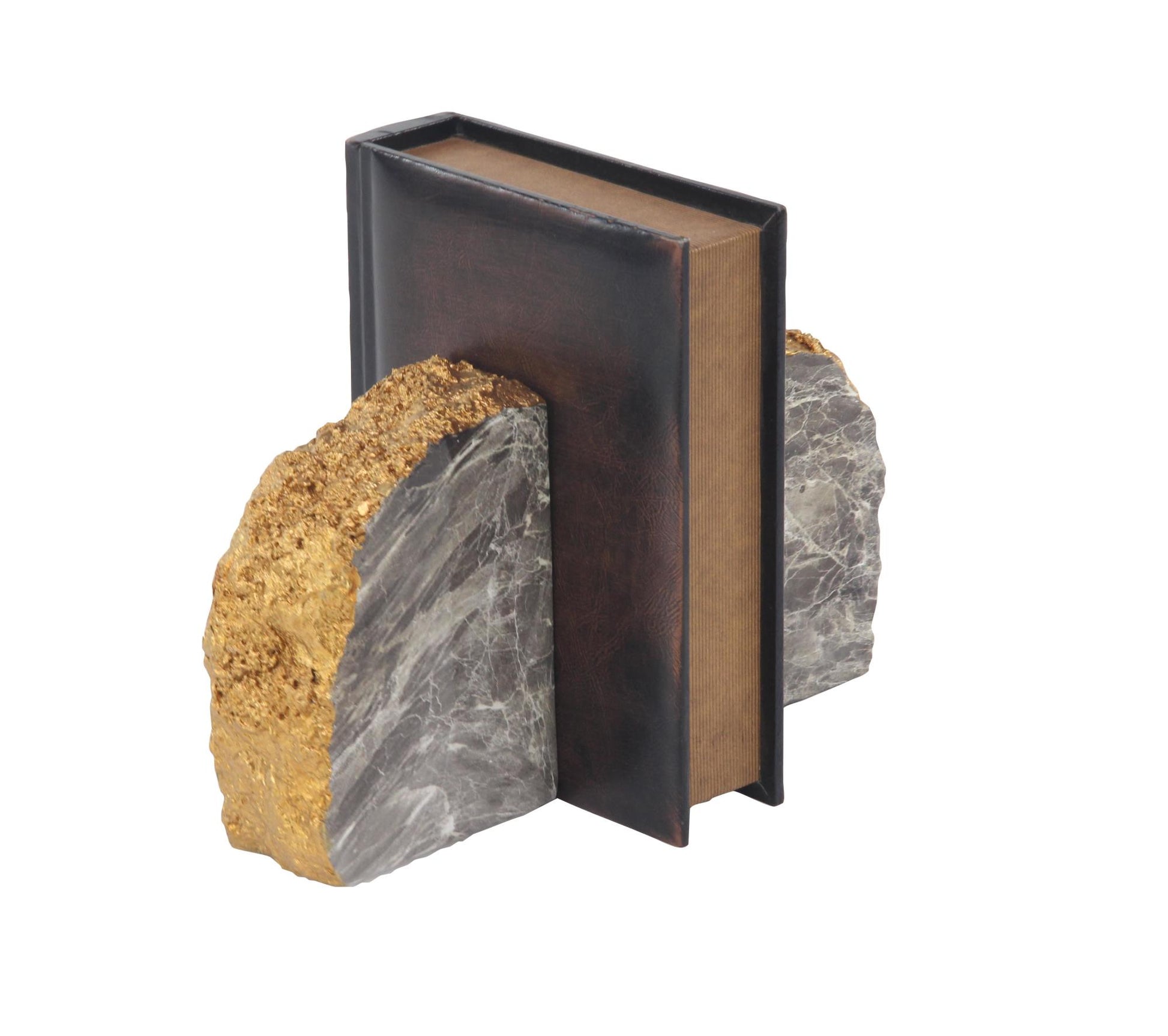 CosmoLiving by Cosmopolitan Set of 2 Geode Gray Polystone Decorative Bookends with Gold Detailing