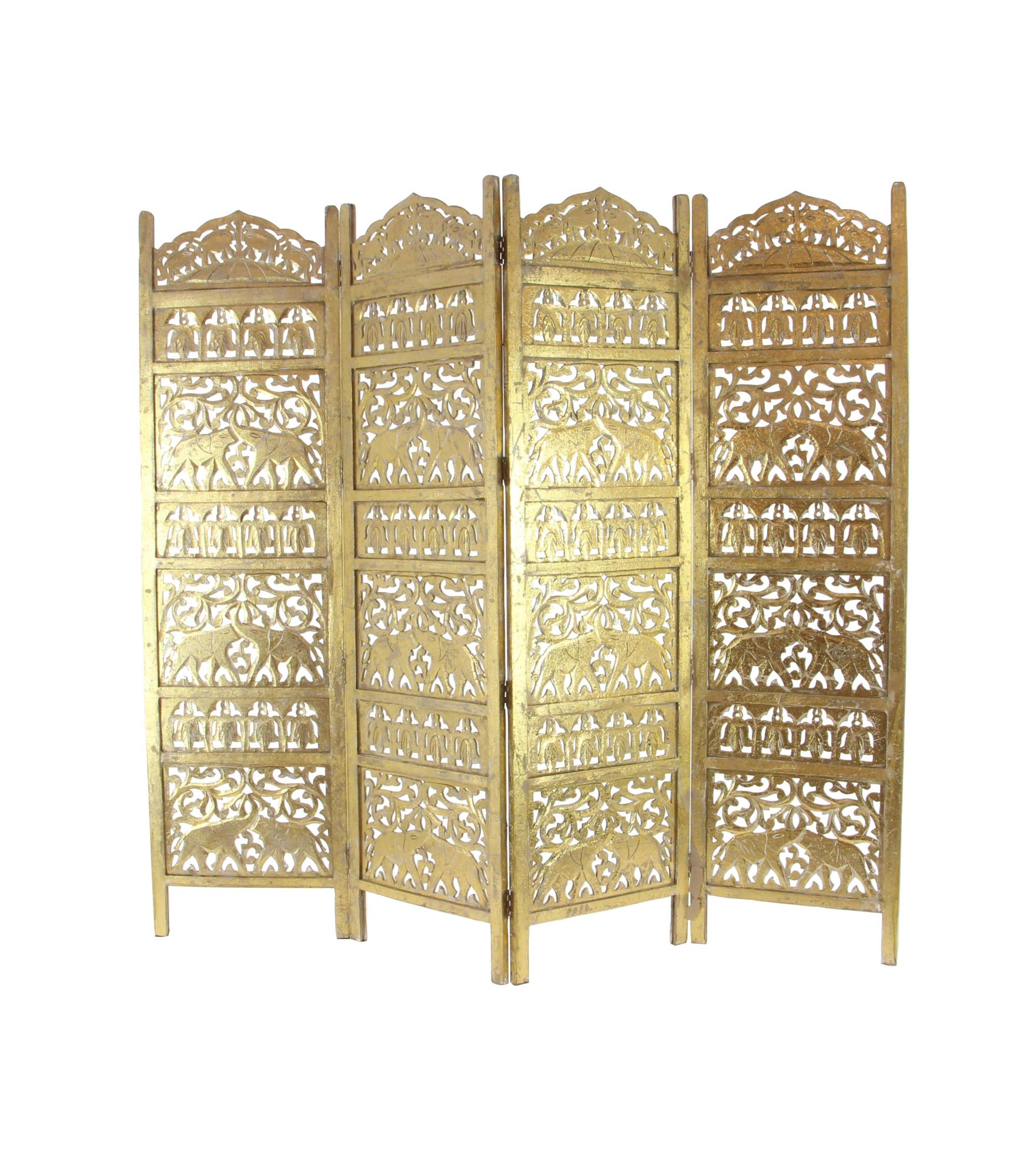 Scroll Gold Wooden Handmade Foldable Partition 4 Panel Partition Room Divider Screen with Carved Elephant Accents