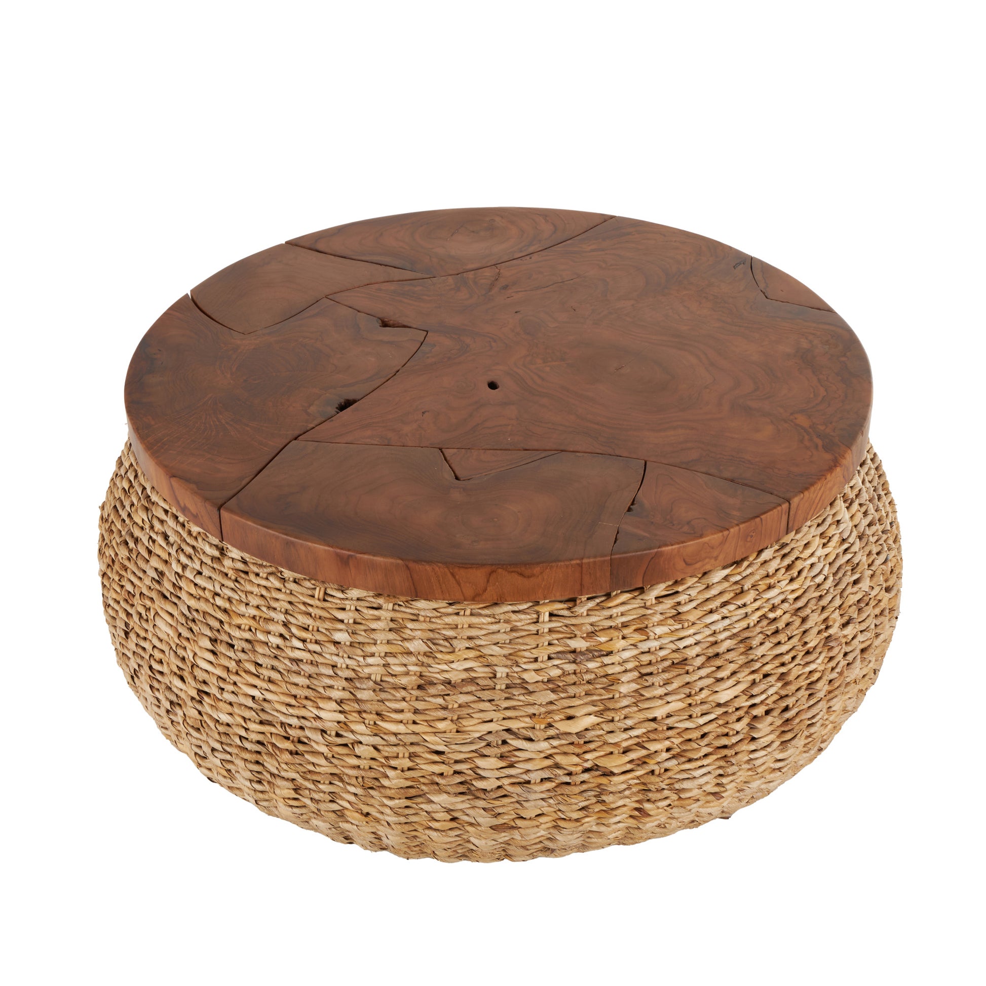 Brown Rattan Wrapped Living Room Coffee Table with Teak Tabletop