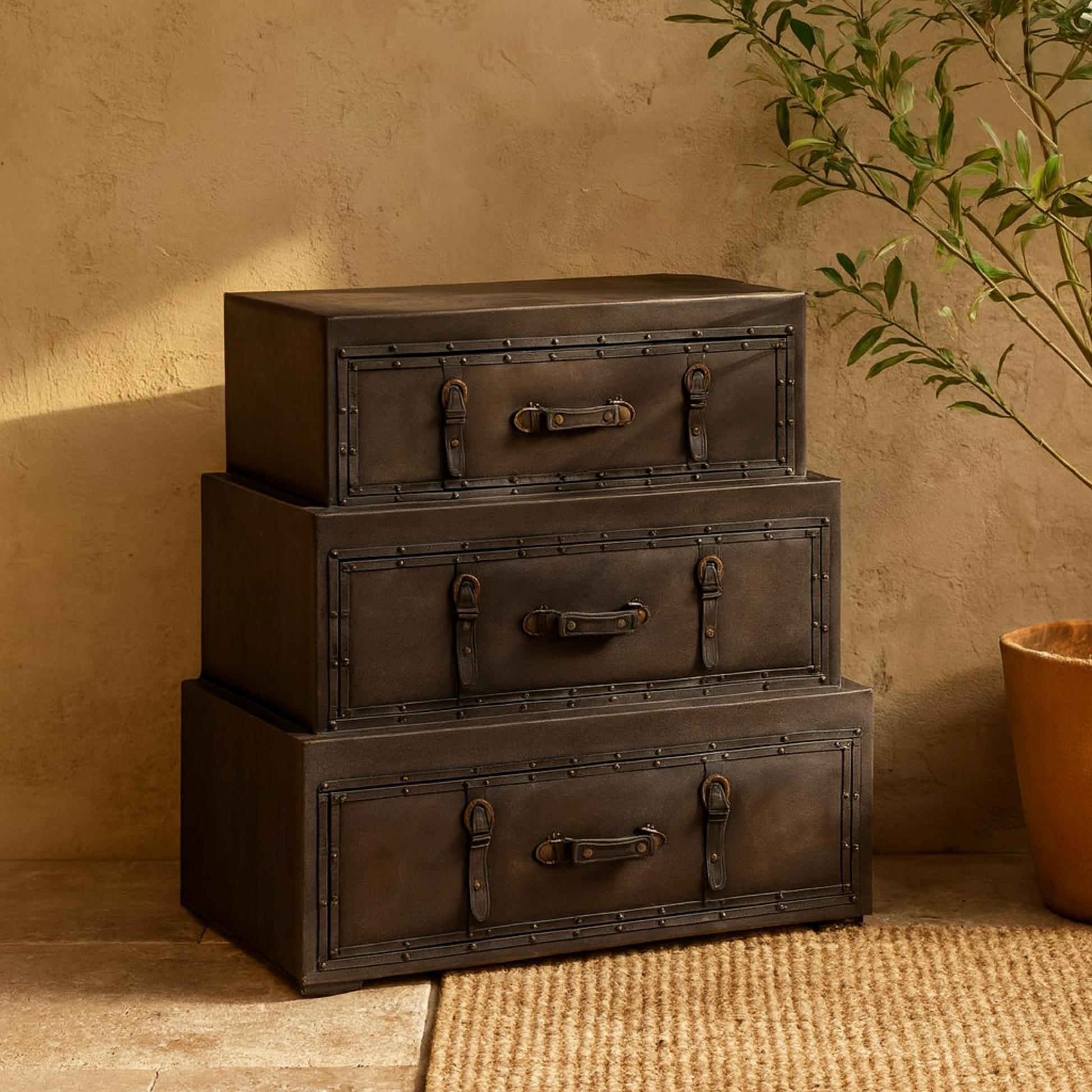 Brown Wood Vintage Faux Leather Room Chest with Buckles and Straps Detailing