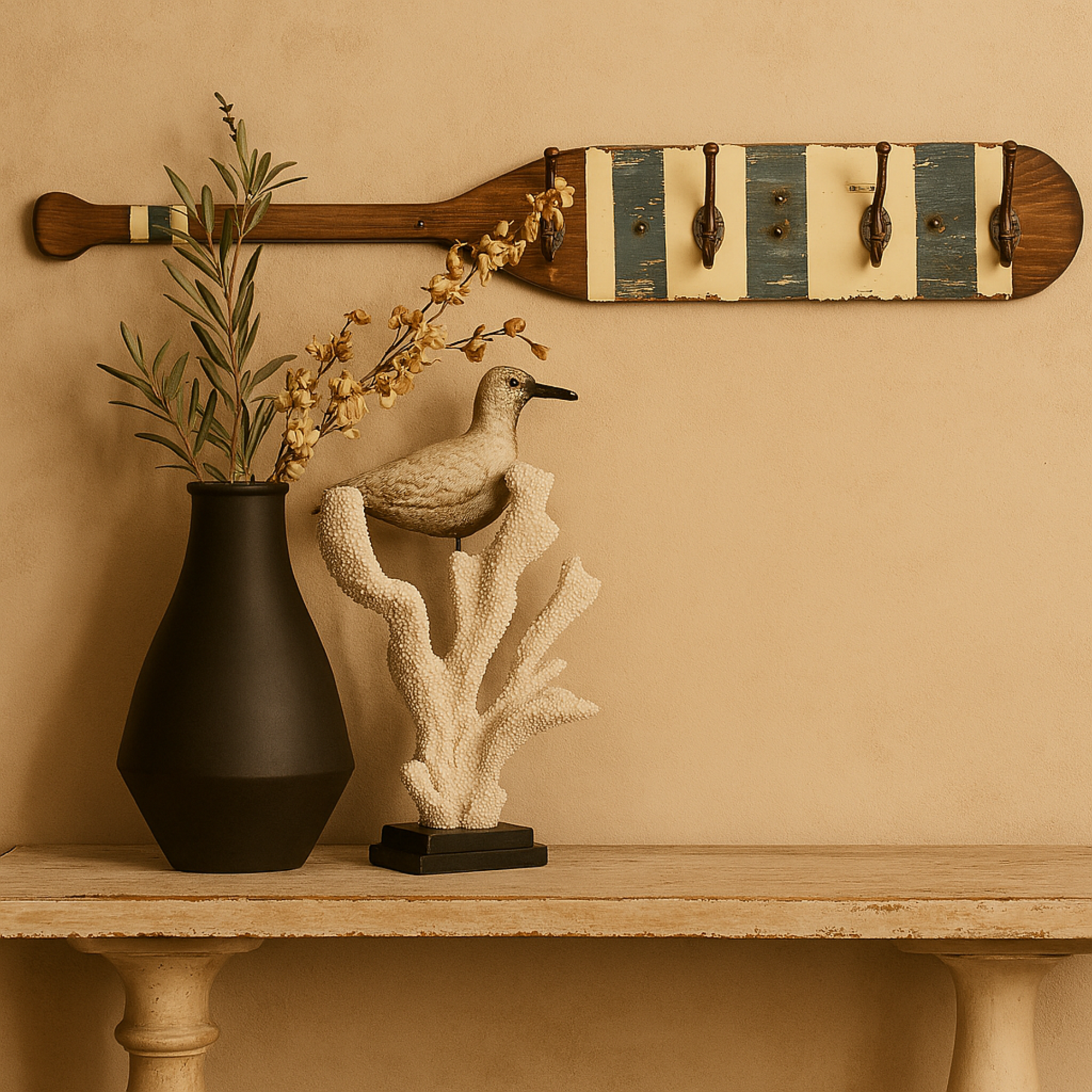 Paddle Brown Wood Distressed 2 Hanger Home Wall Hook with Cream and Blue Stripes