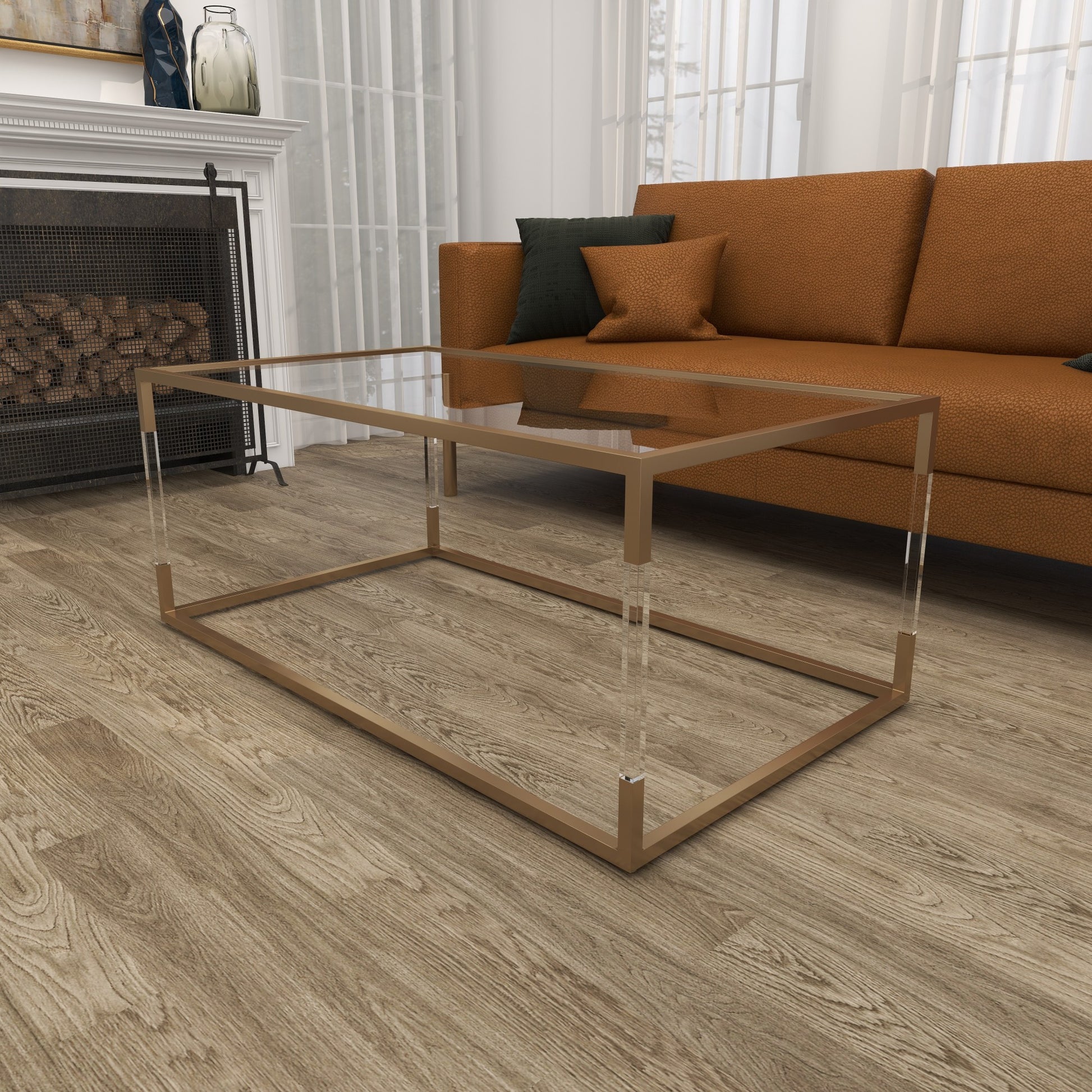 Metal Minimalistic Open Framed Living Room Coffee Table with Clear Glass Top and Acrylic Legs 46" x 24" x 19"