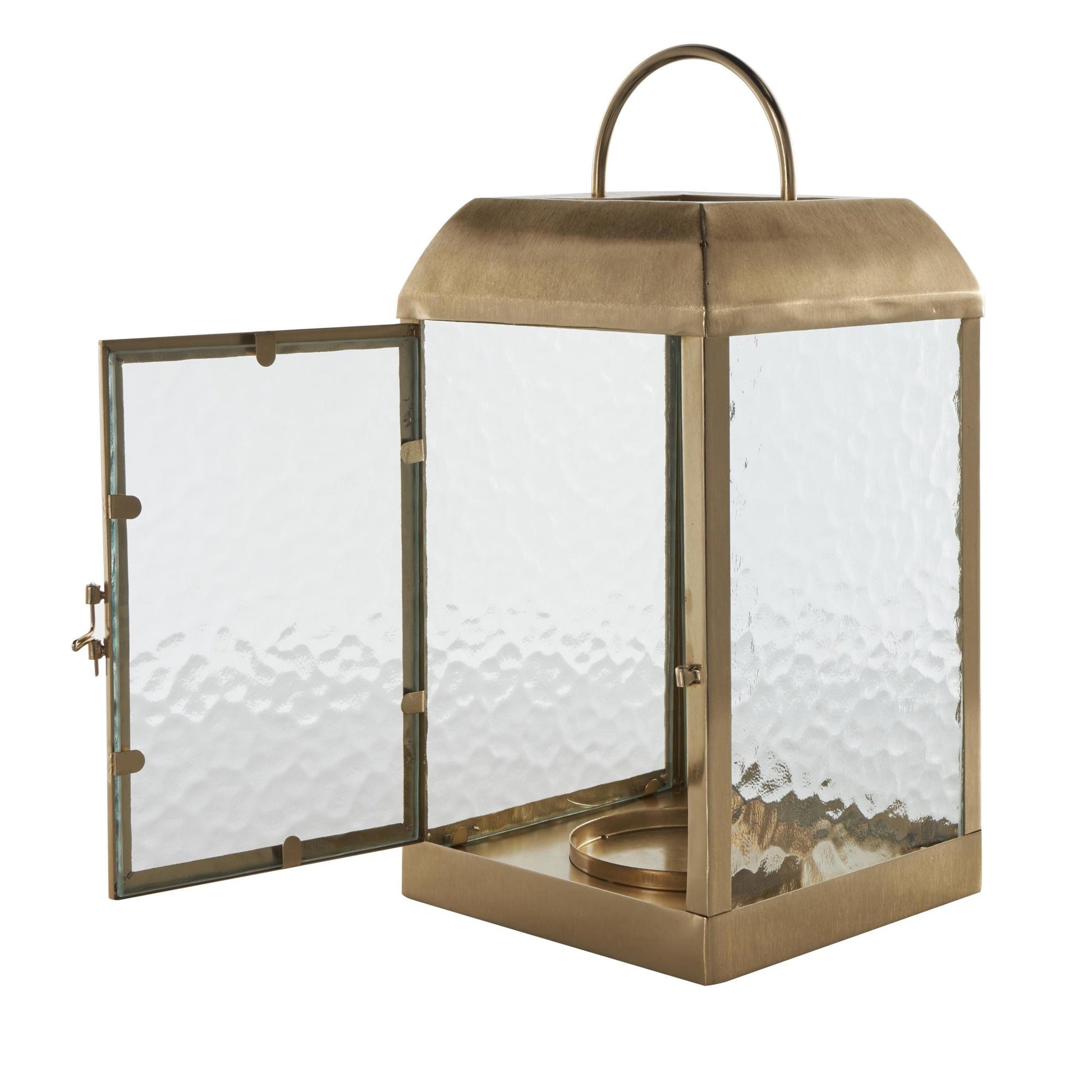 Gold Metal Indoor Outdoor Candle Lantern with Pebbled Glass