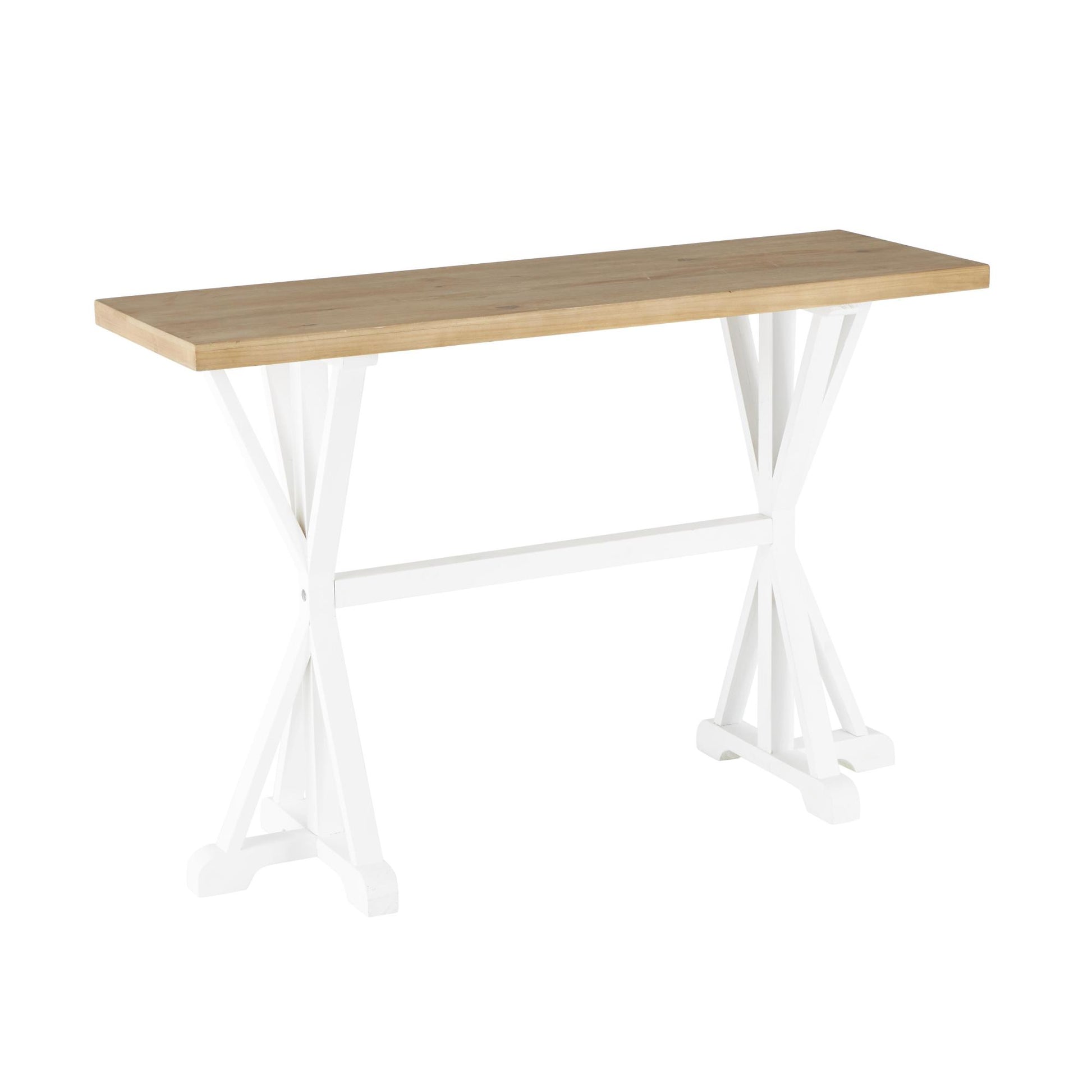 White Wood Rectangular Living Room Console Table with Angled Legs and Brown Tabletop