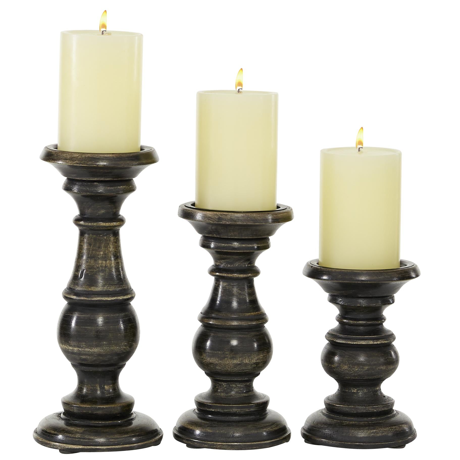 Set of 3 Mango Wood Distressed Turned Pillar Decorative Candle Holder
