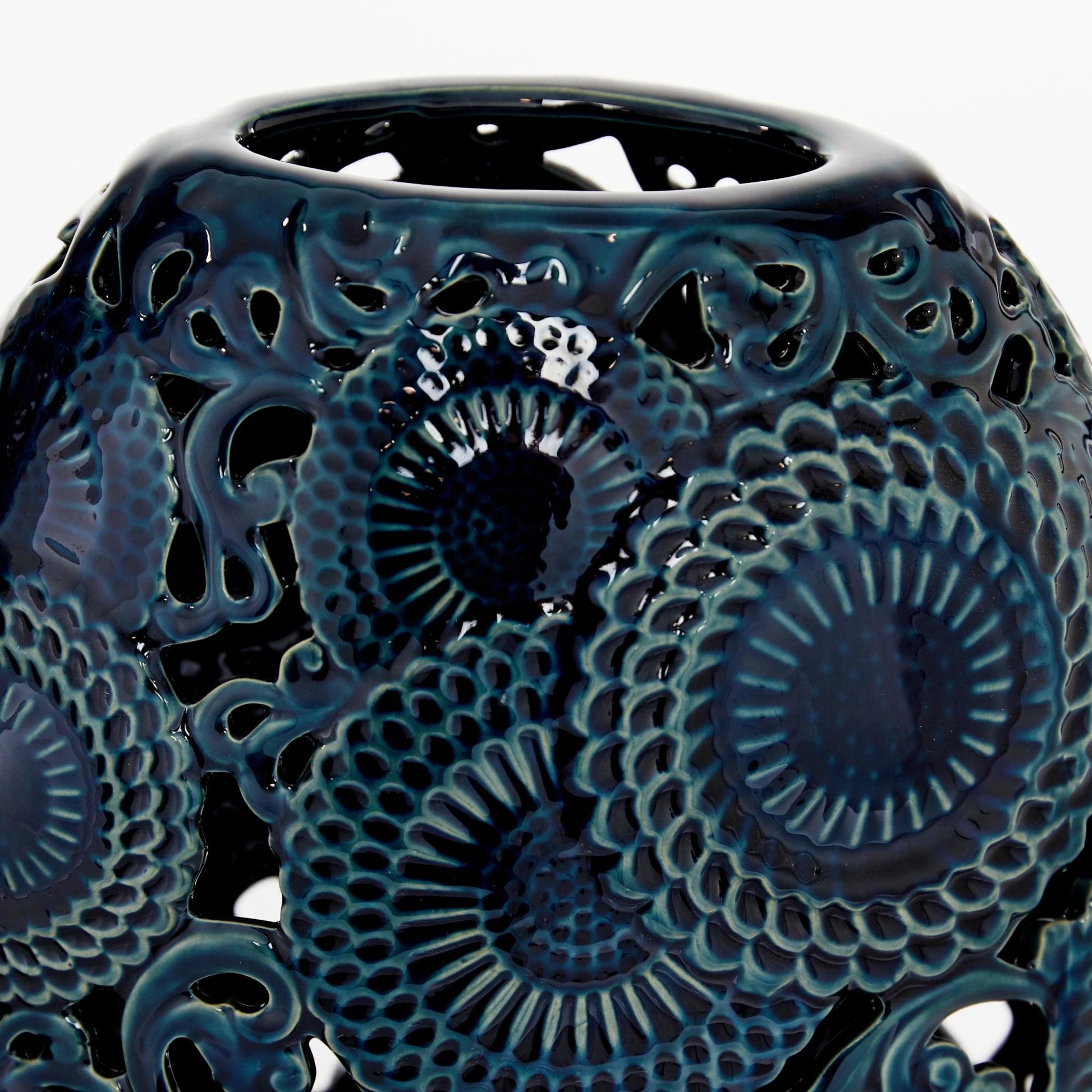 Set of 2 Floral Blue Ceramic Decorative Vase with Cut Out Patterns