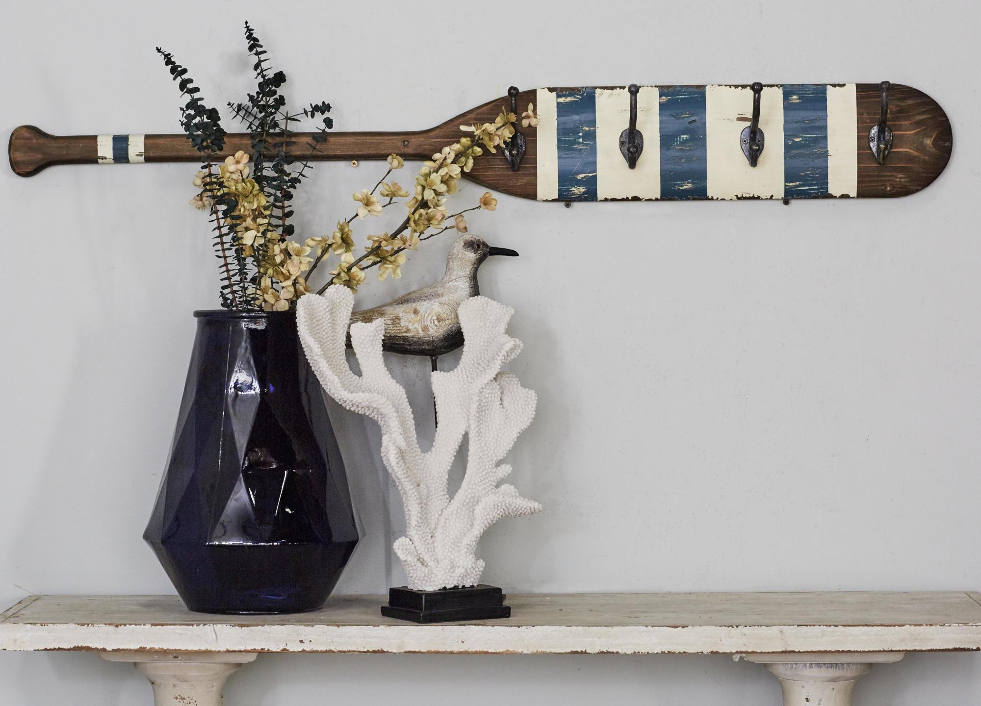 Paddle Brown Wood Distressed 2 Hanger Home Wall Hook with Cream and Blue Stripes