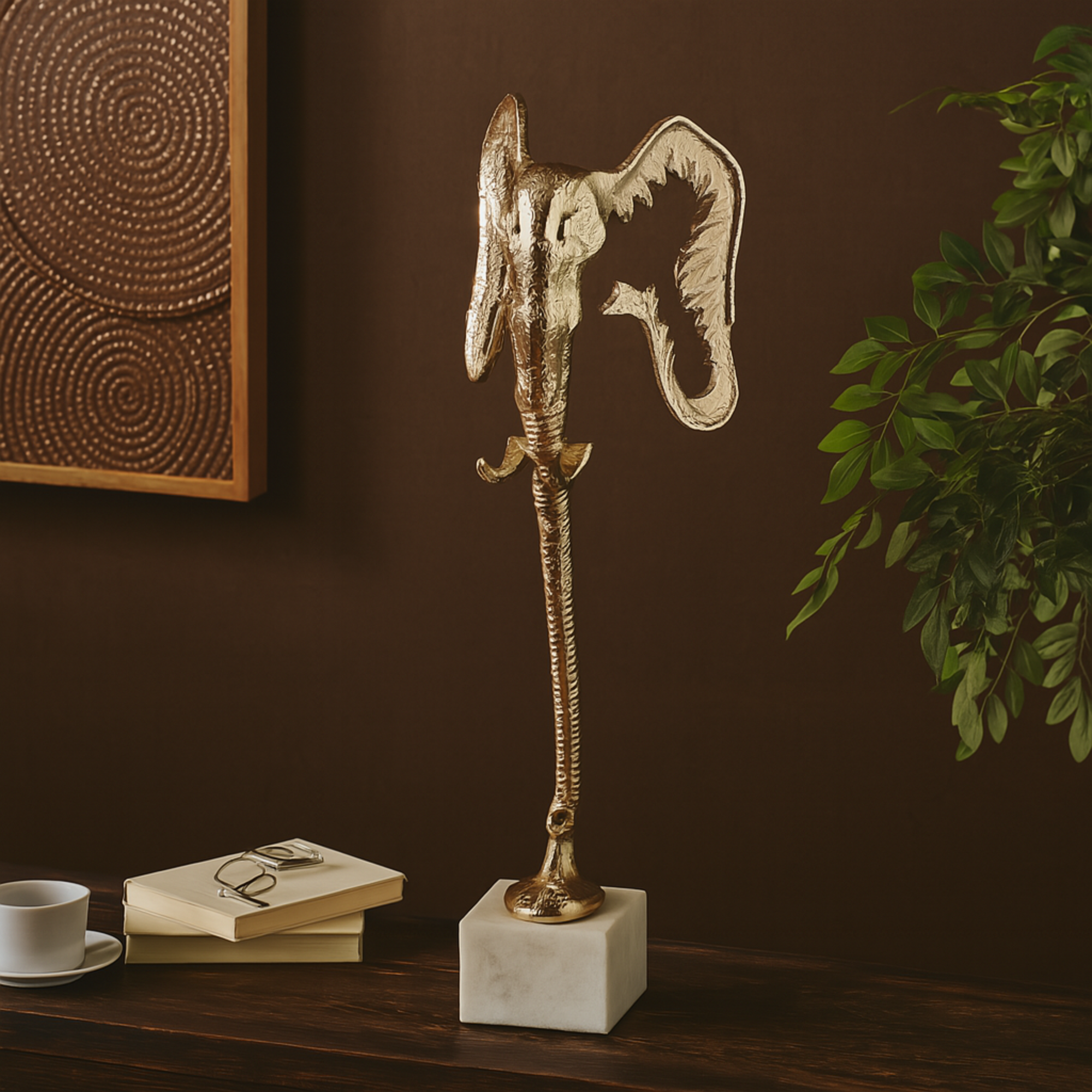Elephant Aluminum Metal Tall Cutout Silhouette Decorative Sculpture with Marble Base 9" x 9" x 27"