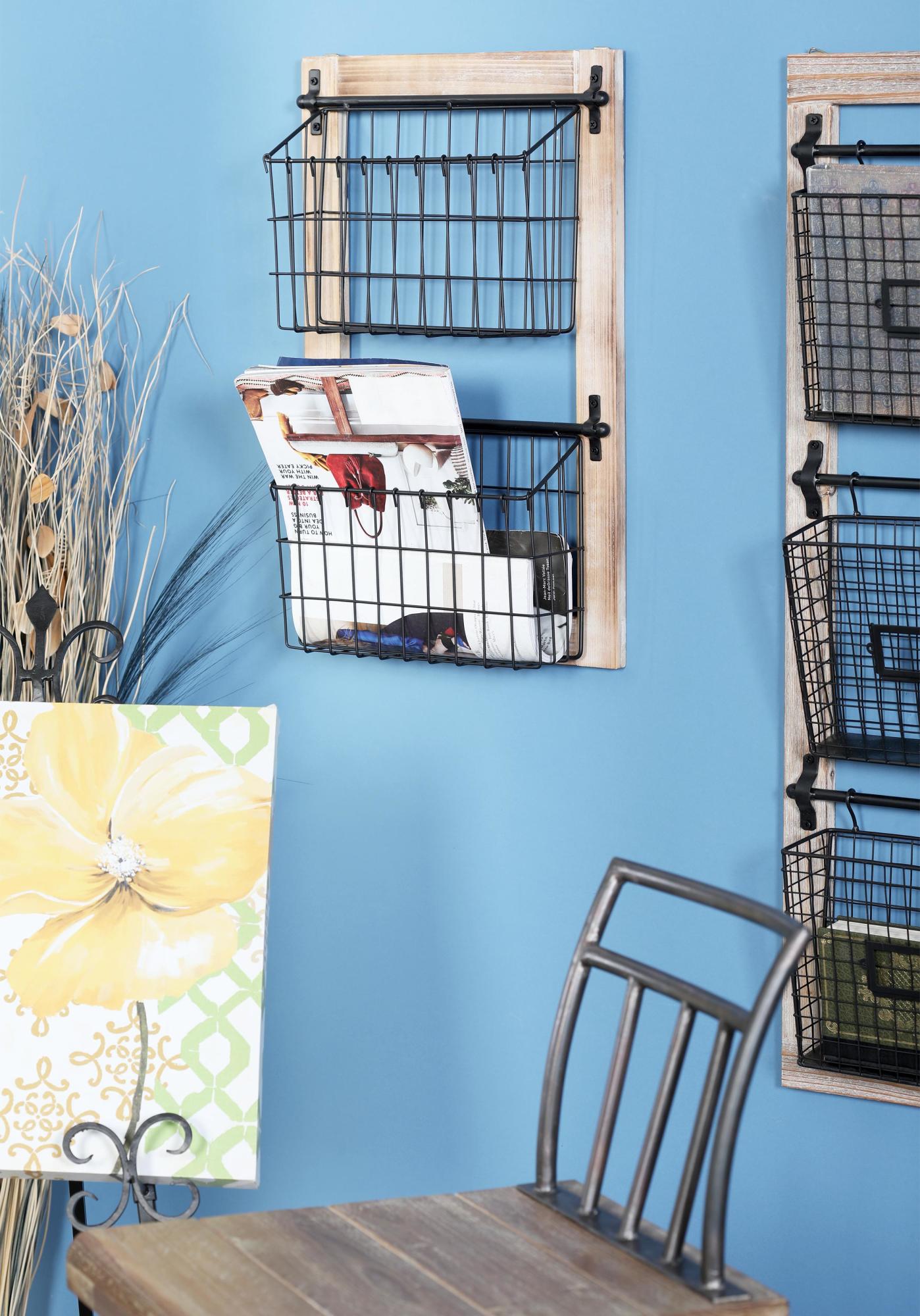 Black Metal 3 Slot Decorative Magazine Rack Holder with Suspended Baskets