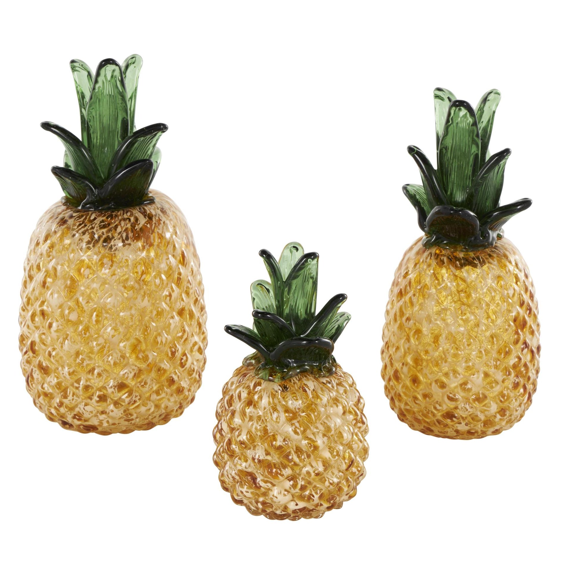 Set of 3 Fruit Orange Glass Faceted Pineapple Decorative Sculpture