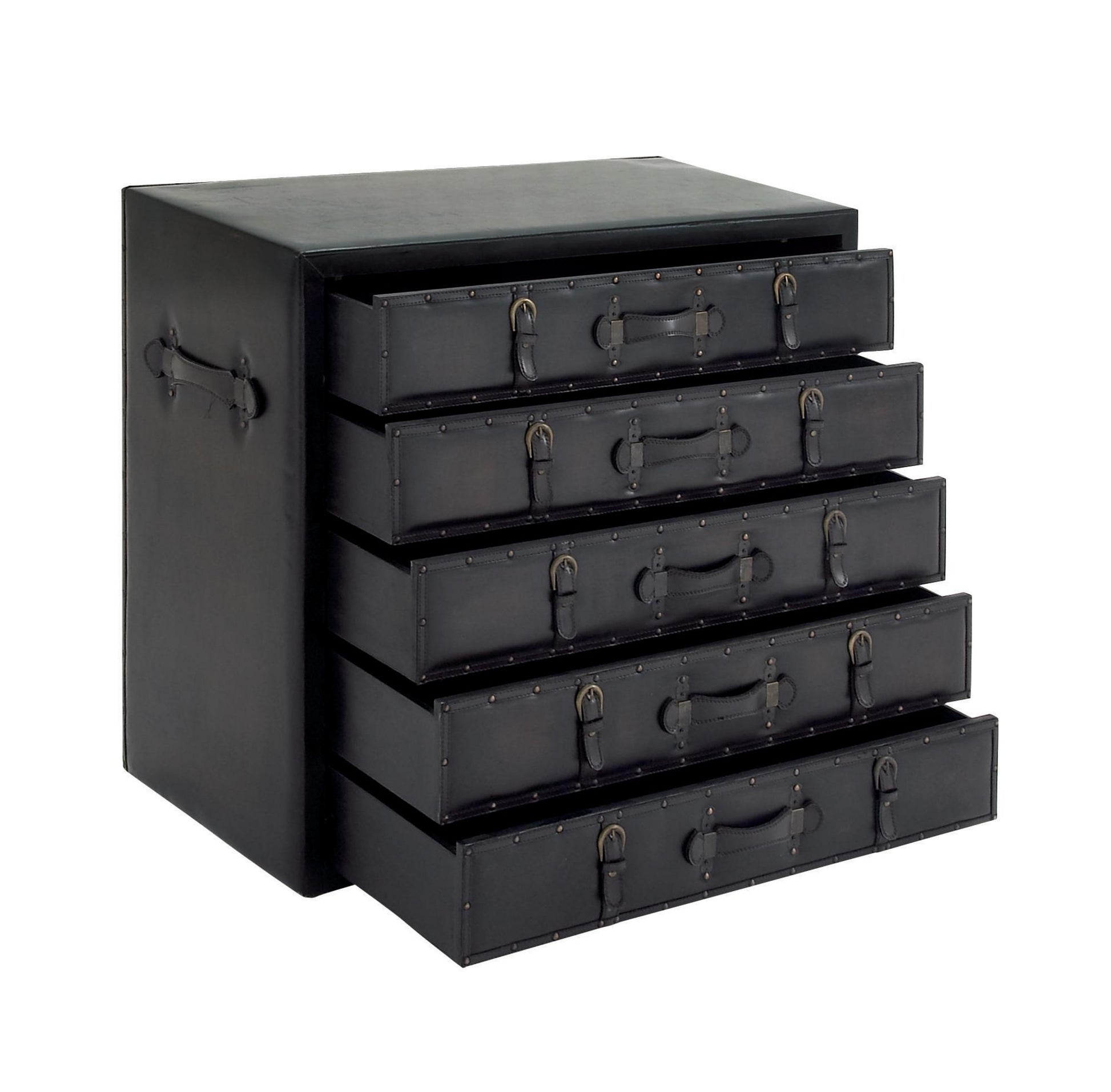 Black Faux Leather Vintage Trunk Room Chest with Gold Studs and Buckle Detailing