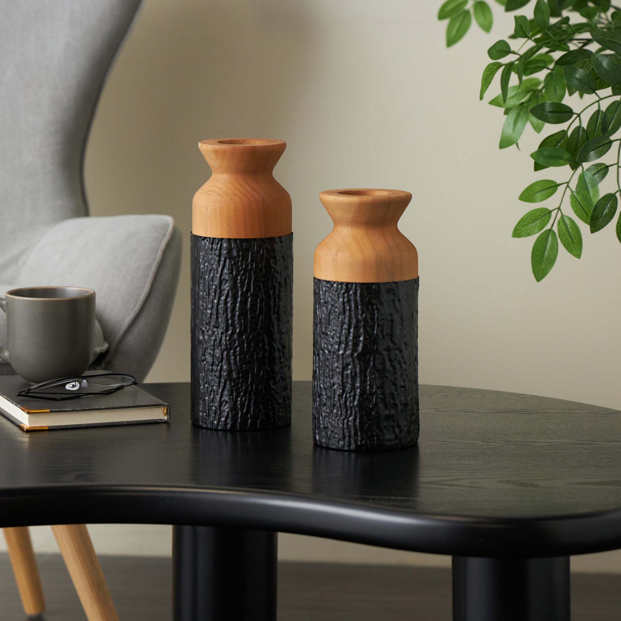 Set of 2 Metal Abstract Textured Color Block Decorative Vase with Brown Wood Tops