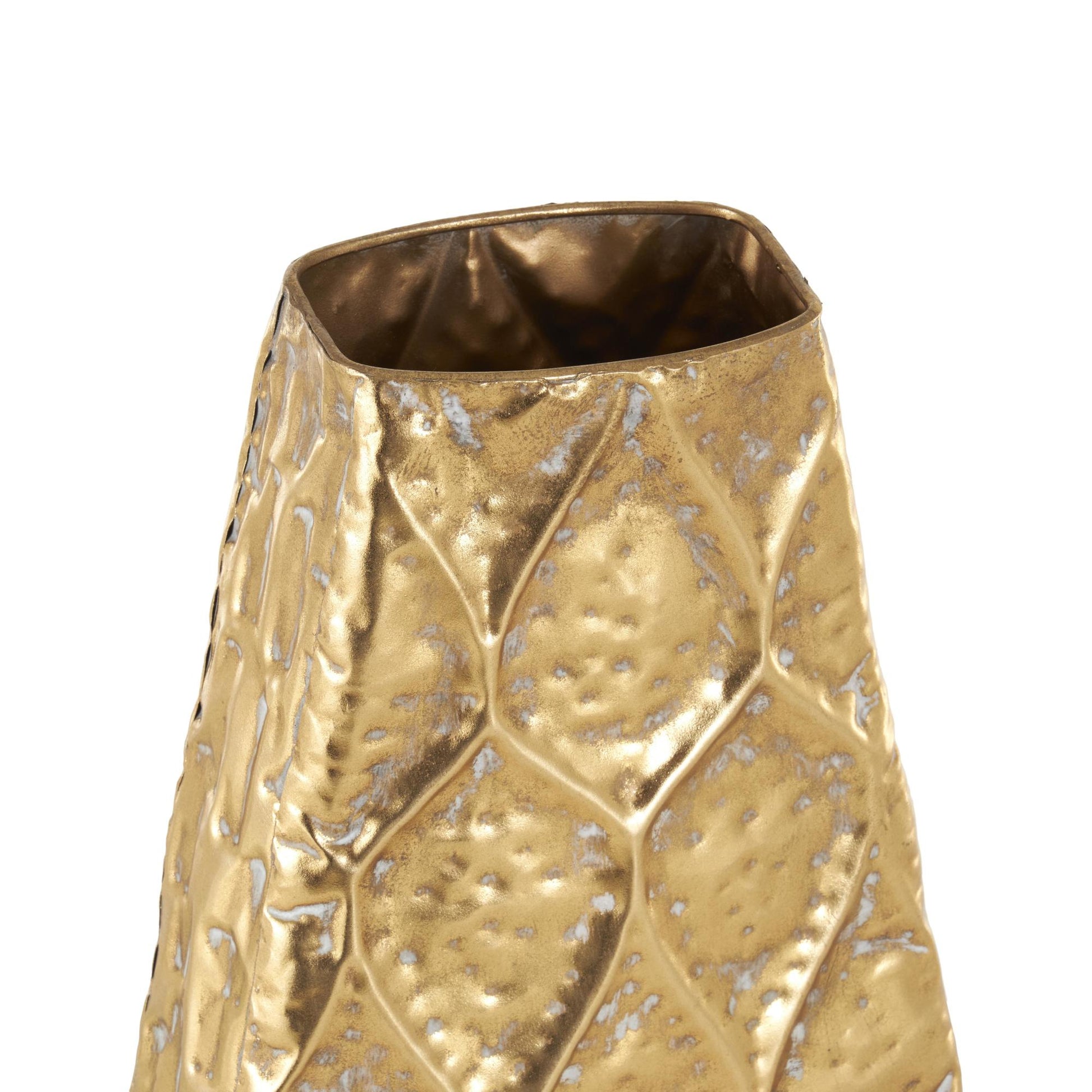Gold Metal Textured Concaved Teardrop Decorative Vase with Peacock Inspired Design