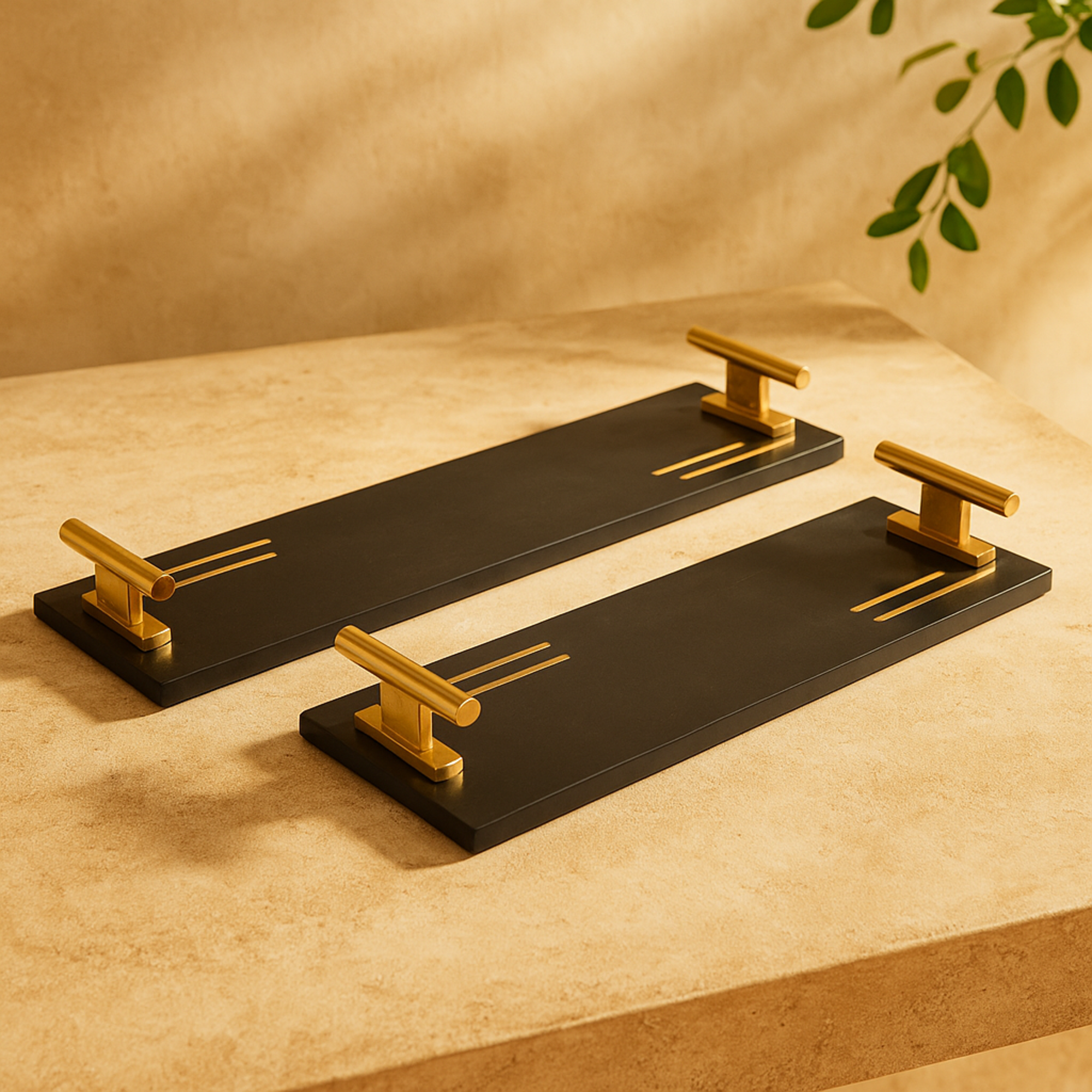Set of 2 Black Marble Living Room Decor Tray with Gold Handles