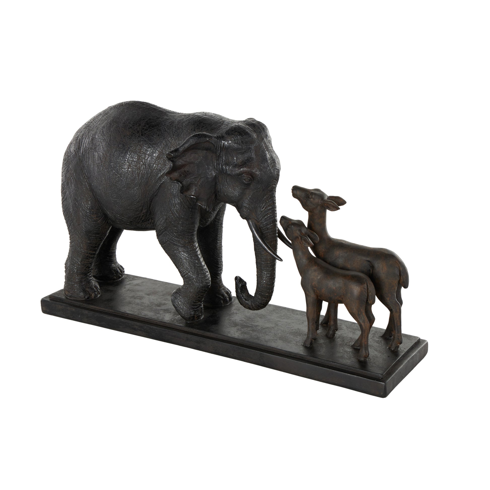 Elephant Black Resin Walking Decorative Sculpture with Dark Brown Deer