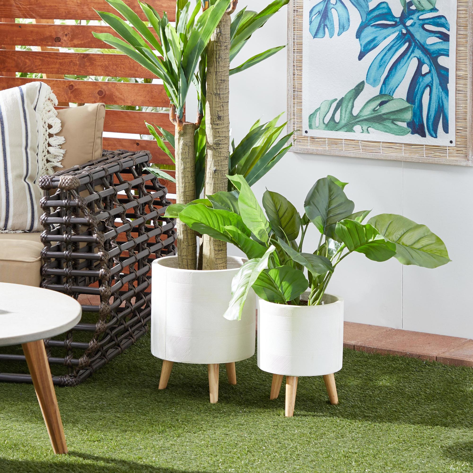 Set of 2 Magnesium Oxide Linear Carved Indoor Outdoor Planter with Wood Tripod Legs Set of 2 16", 13"H