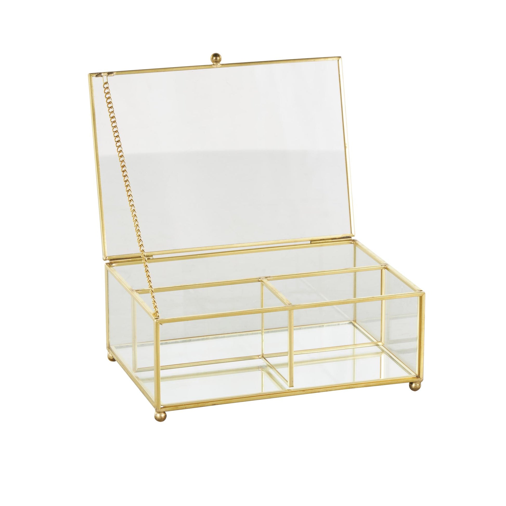 Clear Glass 3 Slot Decorative Jewelry Box with Gold Metal Frame and Chain Accent