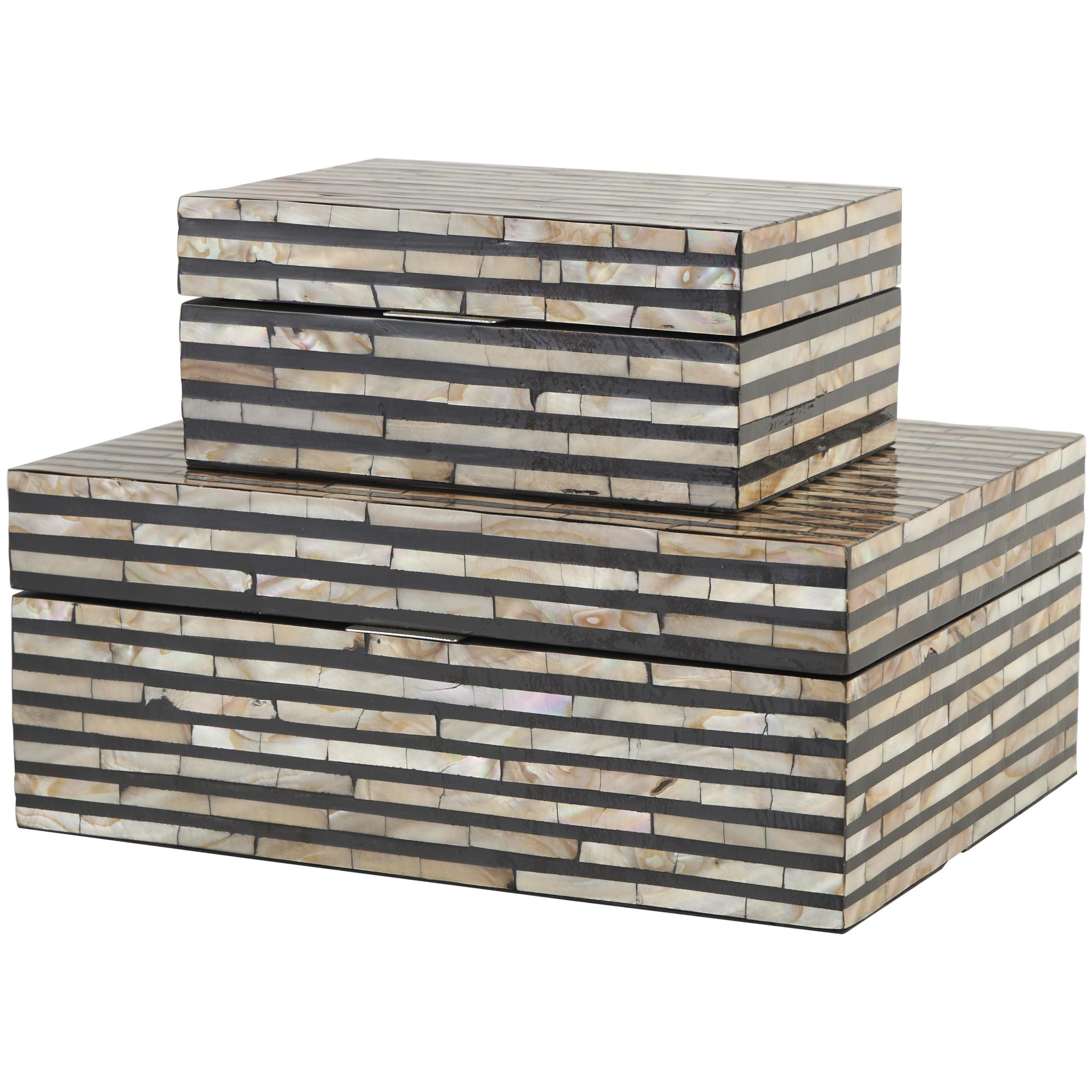 Set of 2 Beige Mother of Pearl Shell Handmade Decorative Box with Linear Mosaic Pattern and Hinged Lid