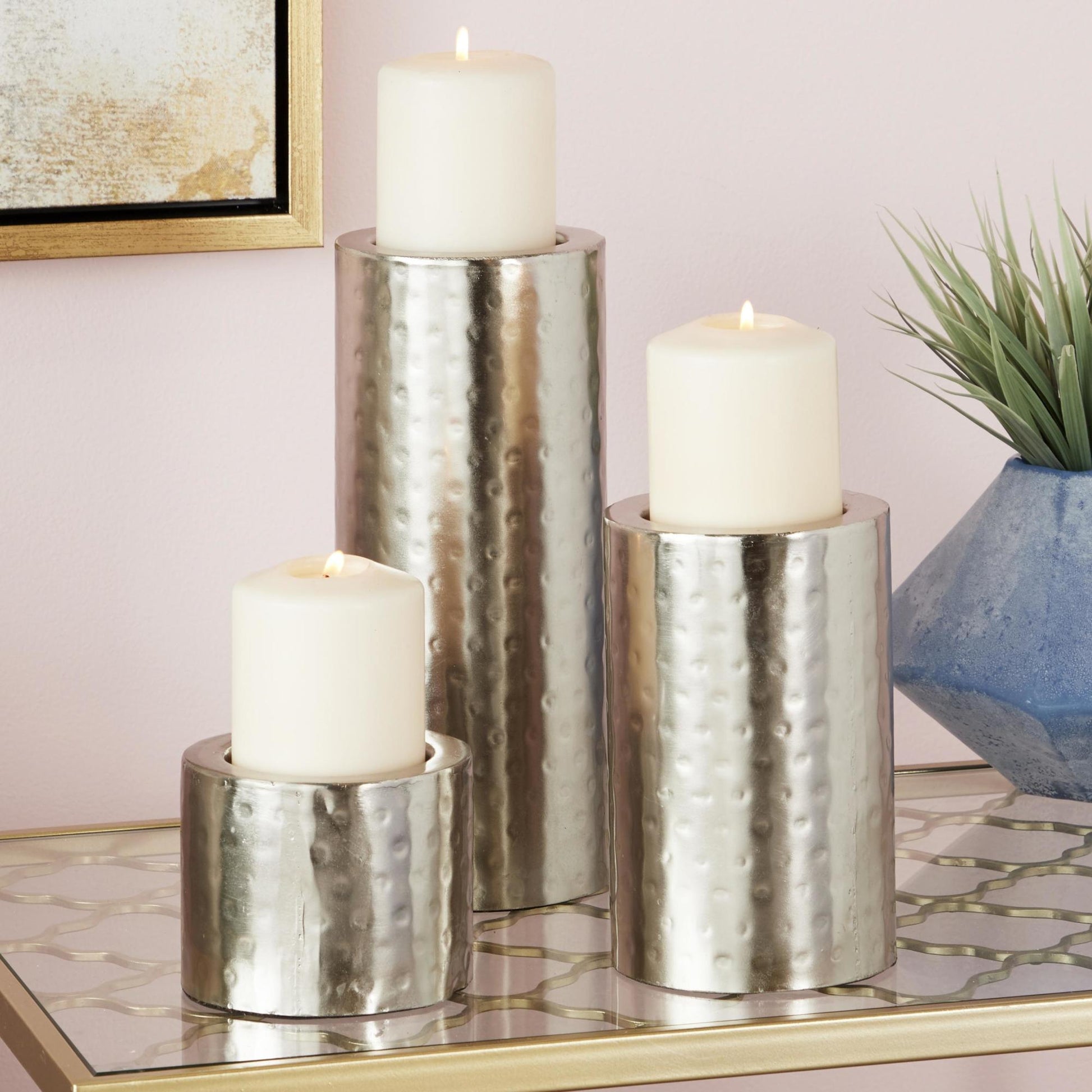 CosmoLiving by Cosmopolitan Set of 3 Metal Handmade Pillar Decorative Candle Holder Set of 3 11", 7", 4"H