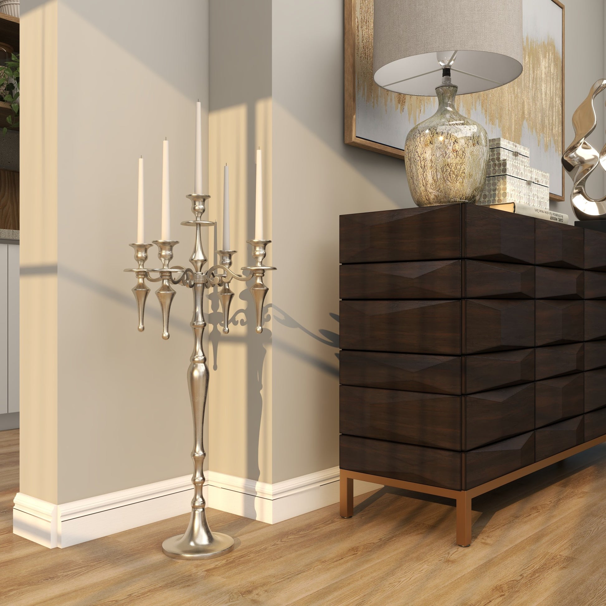 Scroll Silver Aluminum Metal Turned Floor 5 Plate Decorative Candelabra