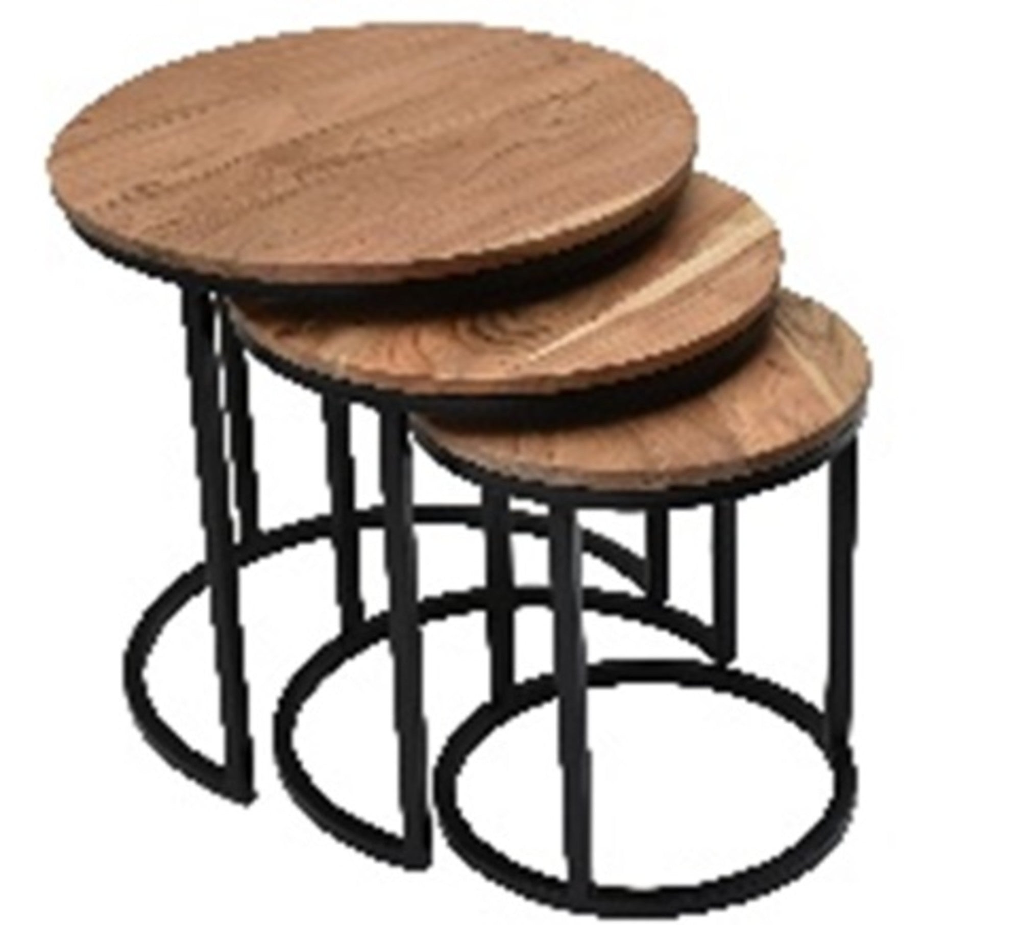 Brown Wood Nesting Side End Accent Table with Round Black Iron Frames