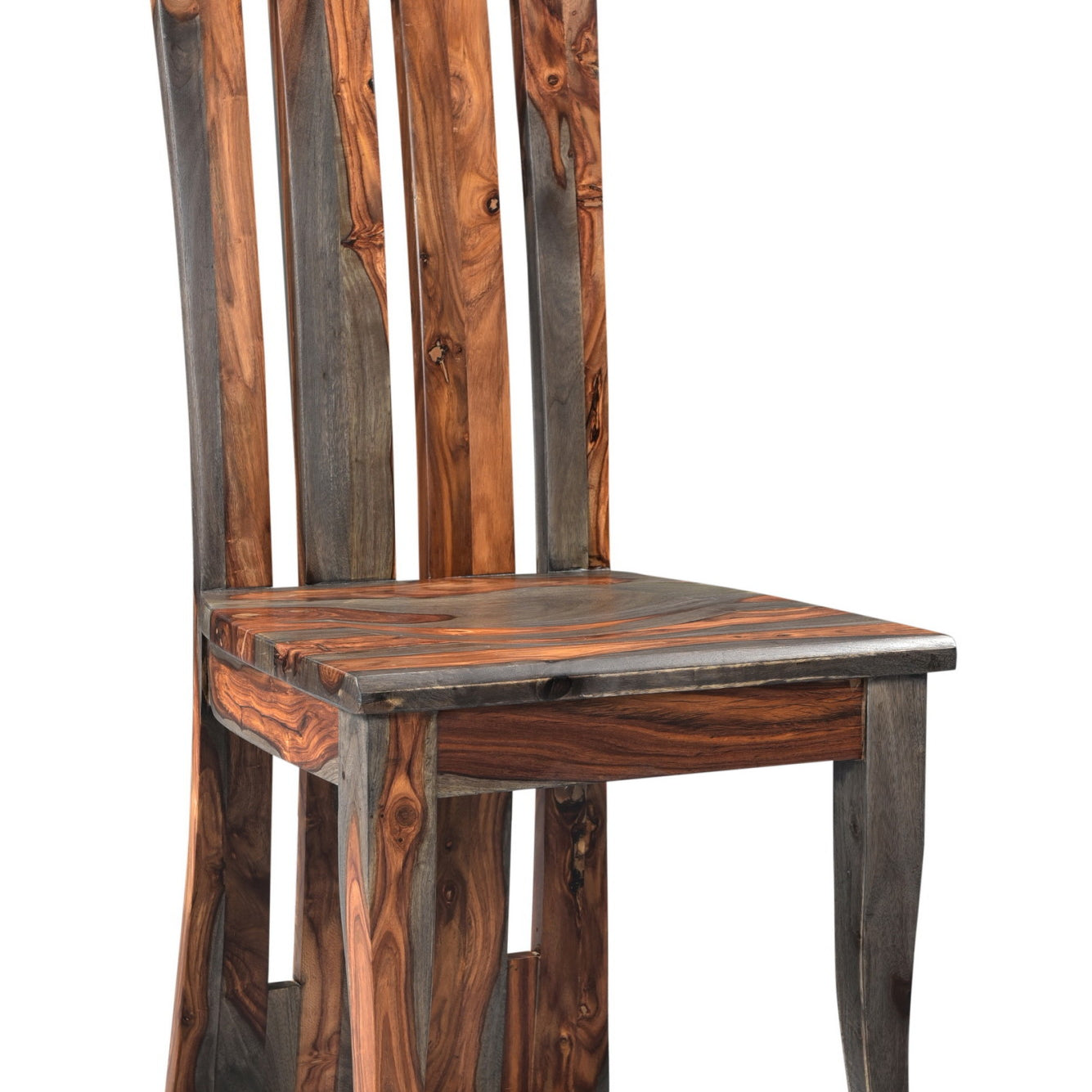 Brown Sheesham Wood Scoop Seat Kitchen Dining Chair with Fan Back and Open Slats